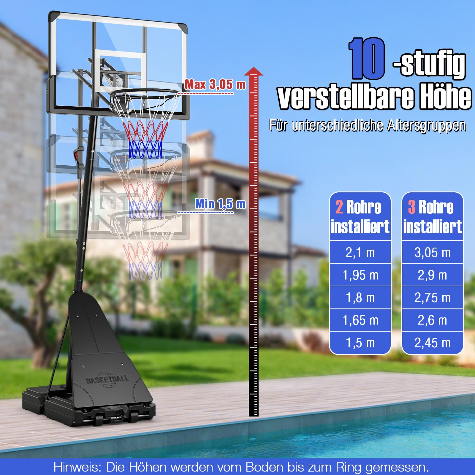 GOPLUS Basketballkorb Outdoor, Korbhöhe 150-305cm verstellbar, Basketball Korb mit PC-Rückwand, Basketballständer tragbar mit Rollen, Basketball Hoop für Kinder Jugendliche Erwachsene