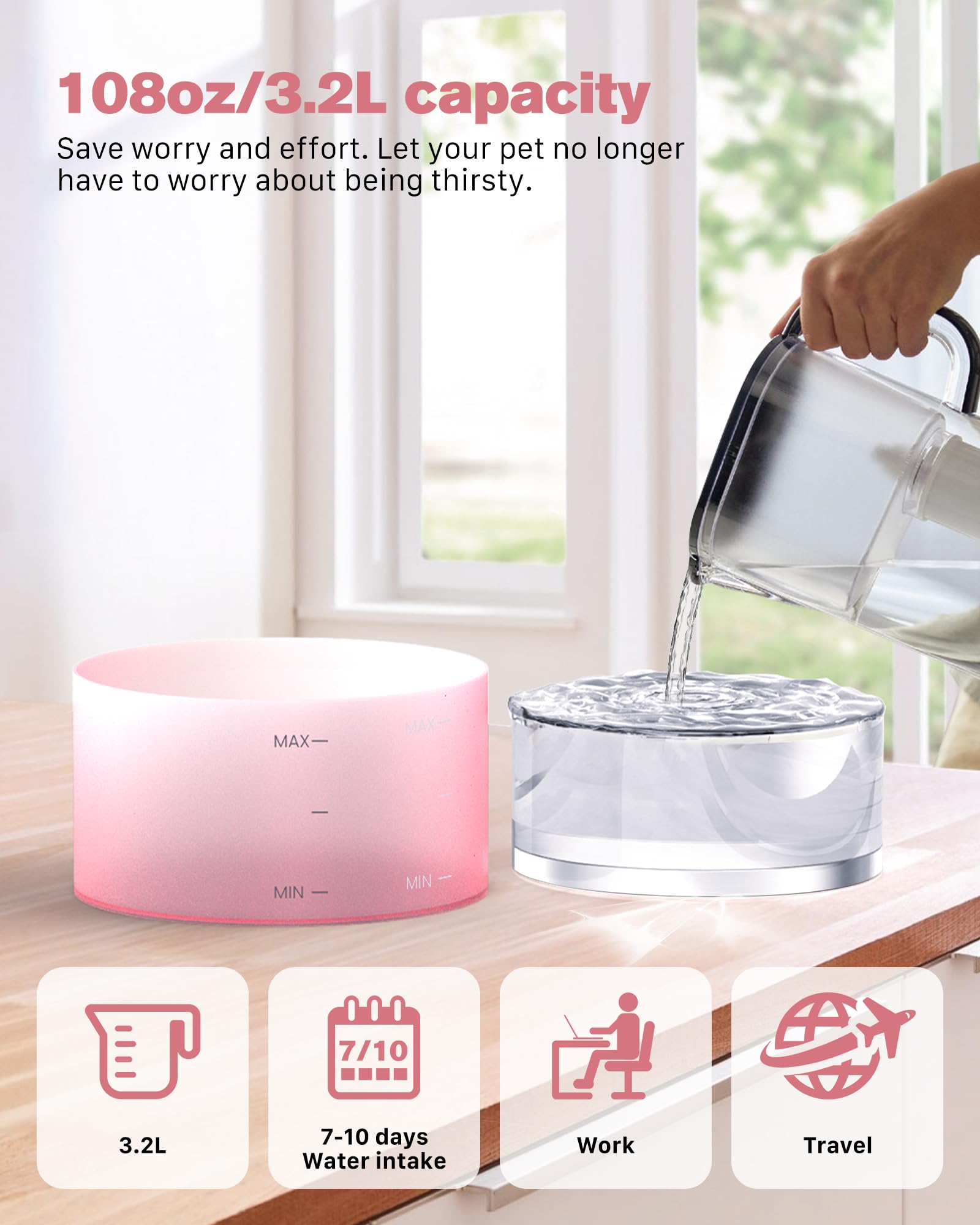 Fuente de agua rosa para gatos: con 6 filtros de carbono + 3 filtros de esponja, fuente de agua para mascotas BEMOONY de 3,2 l, fuentes de agua silenciosa para interiores, fuente de agua para gatos y | BEMOONY Fuente de agua para mascotas de 3,2 l, fuente