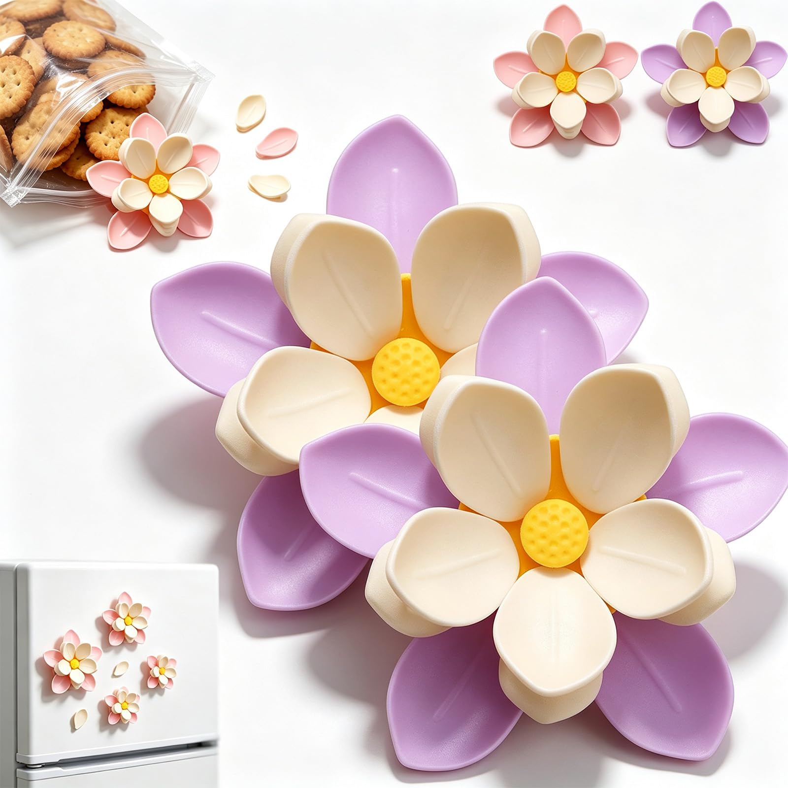 Fridge Magnets Food Bag Clips, Cute Lotus Flower Fridge Magnet Chip Clips, Magnetic Bag Clips, Lotus Petal Food Sealing Clips, for Snack Bags Kitchen Office and Home Decor，2Pcs-Purple
