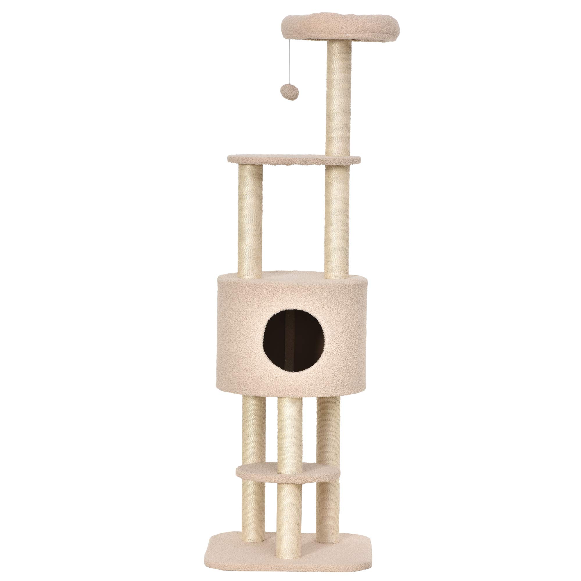 PawHut Albero Tiragraffi Robusto per Gatti con 5 Livelli, Cuccia, Casetta, Giochi e Corda Sisal, Beige, Max 30kg