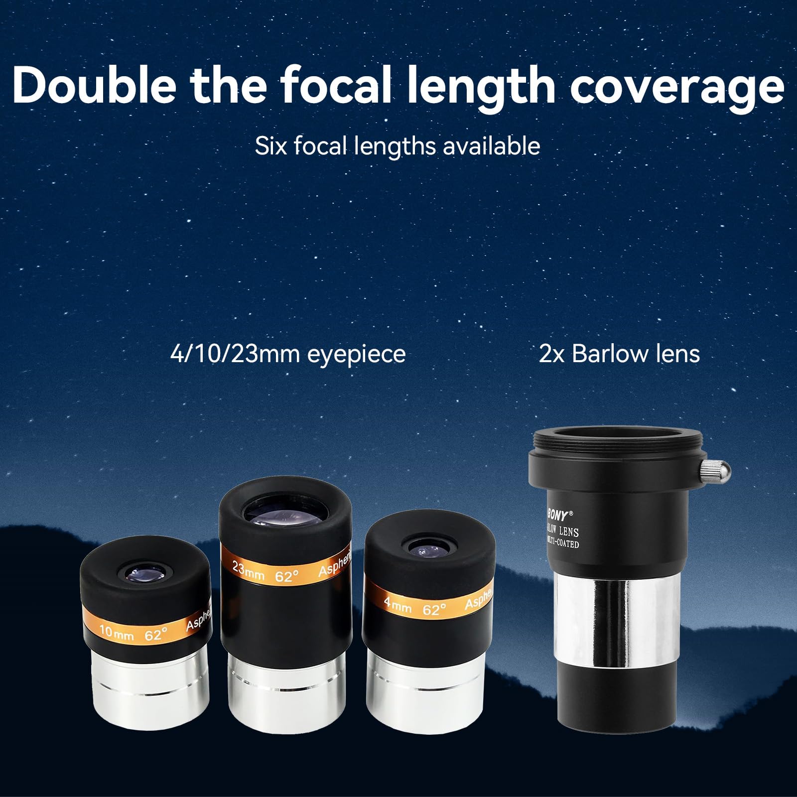 Svbony Oculare Set con Barlow Lente 2x, 4mm 10mm 23mm 62 gradi Grandangolo Planetario Oculare Kit e Barlow in metallo, 1,25 pollici Lente FMC per Osservazioni di Galassie Planetarie Lunari