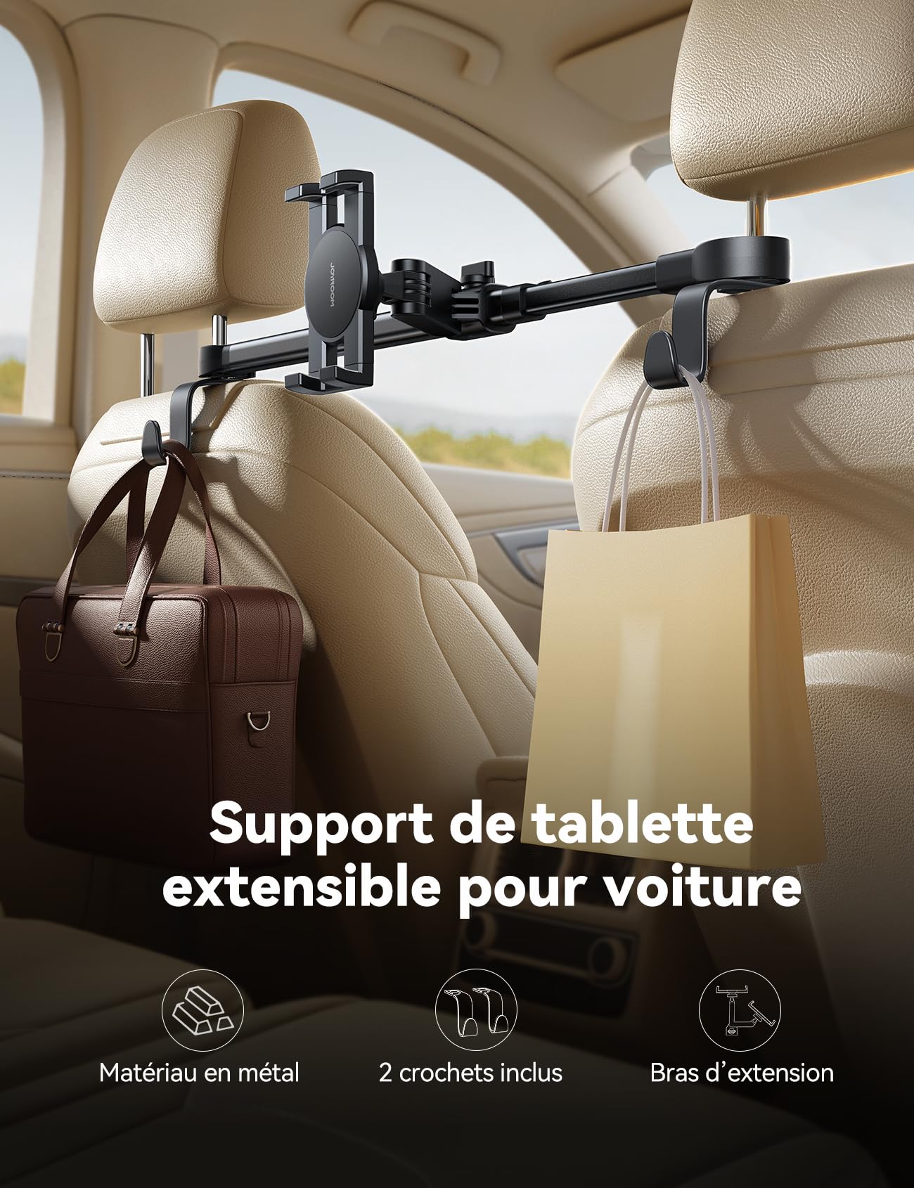 JOYROOM Support Tablette Voiture Appuie Tete [Fixation Bilatérale] – Porte Tablette Voiture avec Bras Métallique, Support iPad Voiture Central pour iPad, Tablettes & Smartphones de 4,7 à 12,9"