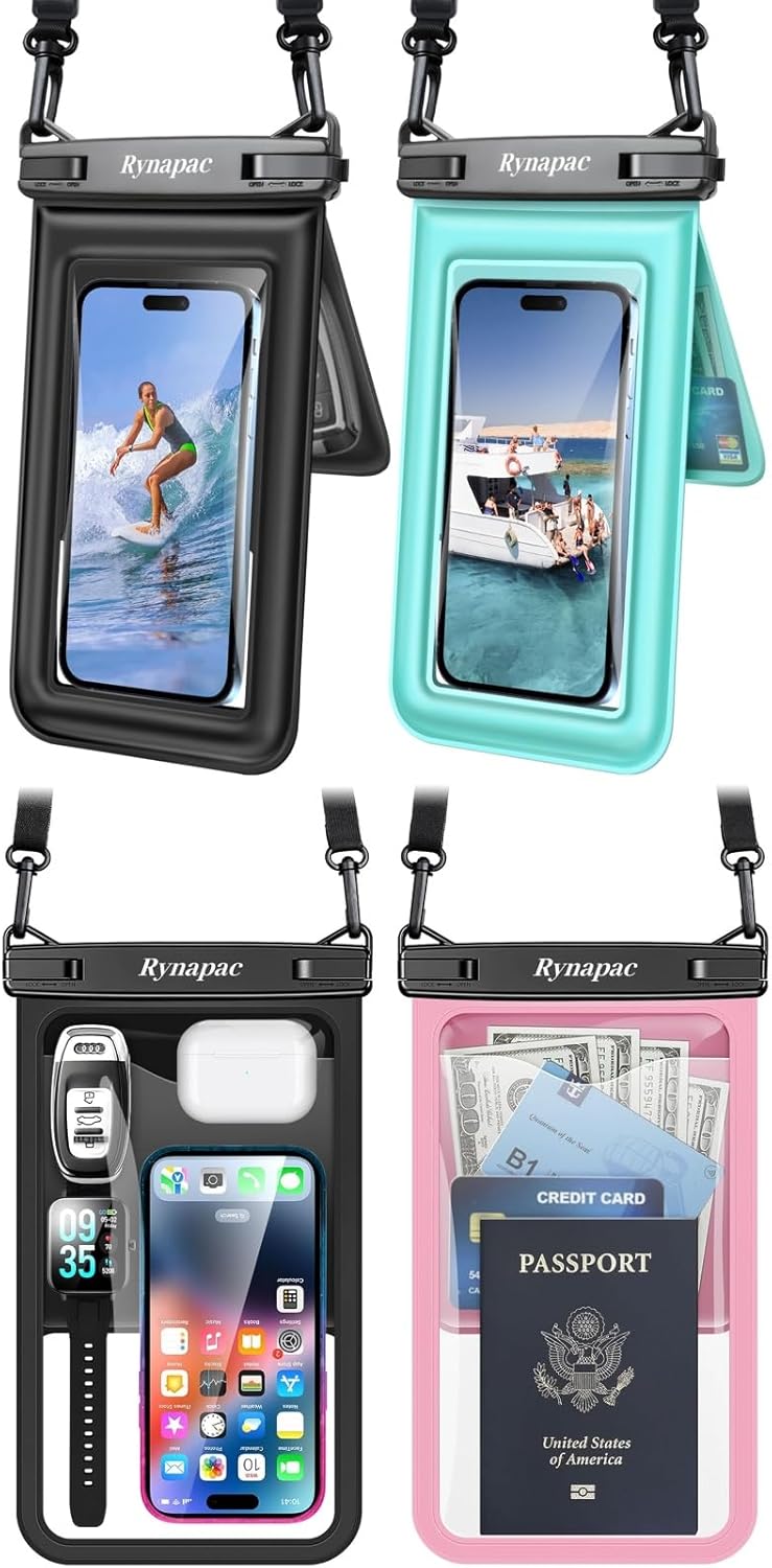 Rynapac 4 Pack IPX8 Waterproof Phone Pouch - [10in 2Pack + 8.5in 2Pack] with Adjustable Lanyard for iPhone 17 16 15 Pro Max