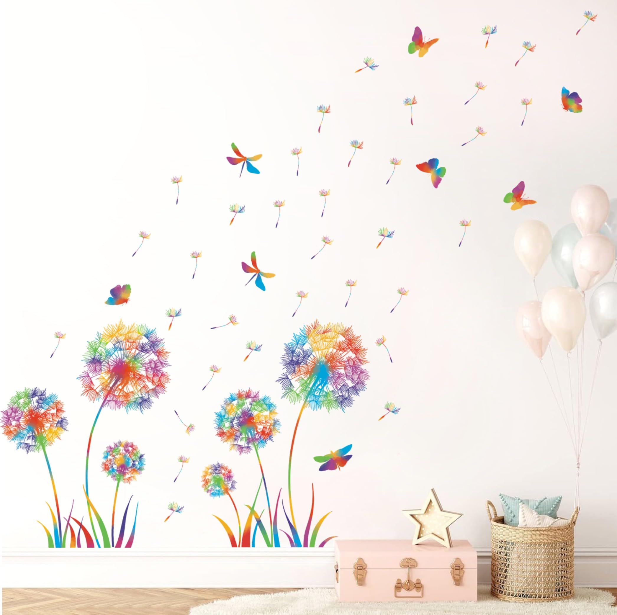 KAIRNE Pusteblume Wandsticker,Wandtattoo Kinderzimmer Mädchen,Löwenzahn Pflanzen Wandtattoo,Blumen Schmetterling Wanddeko,Bunt Wandaufkleber Löwenzahn für Wohnzimmer Schlafzimmer Fenster Wanddeko