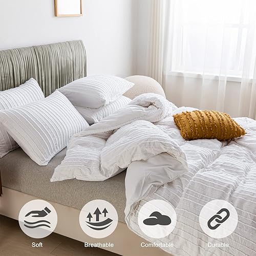 Miniatura 2 de JELLYMONI - Juego de funda de edredón de microfibra tamaño king color blanco brillante de 3 piezas, reversible, textura capitoné a rayas bohemias