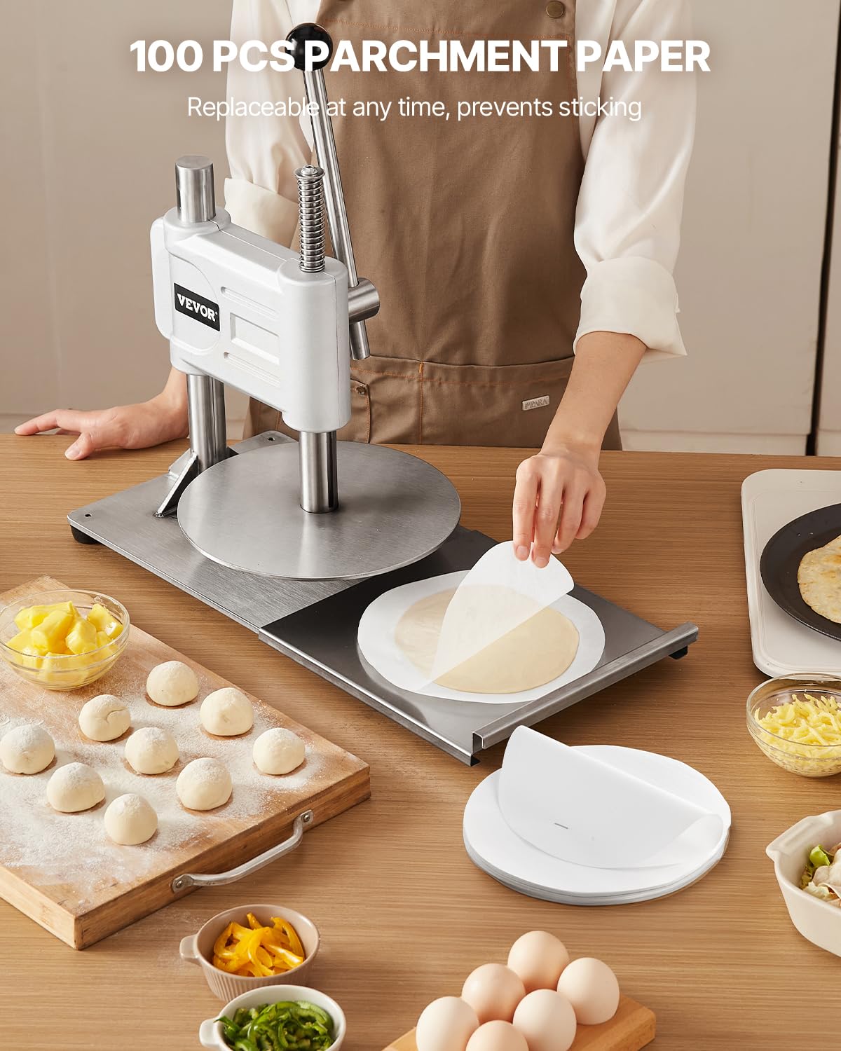 VEVOR Macchina per Pressatura Manuale della Pasta per Pizza, Piastra per Pressatura della Pasta per Pizza in Acciaio Inossidabile, Macchina Formatrice con Maniglia e 100 Fogli di Carta da Forno
