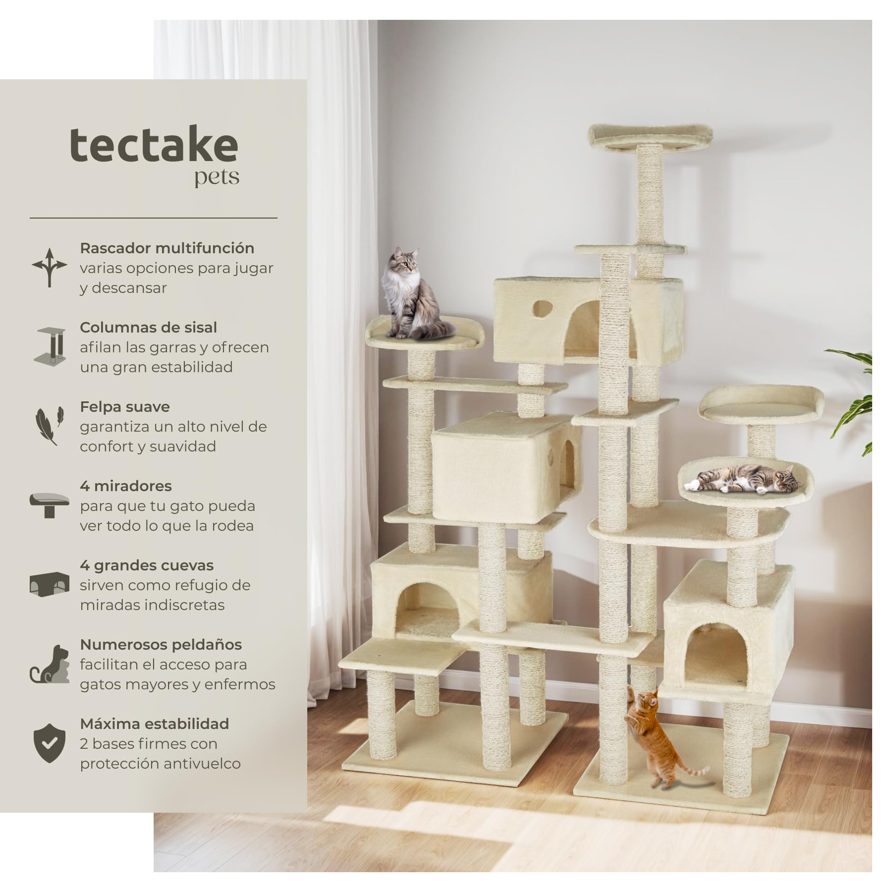 tectake® Albero Tiragraffi per Gatti con 4 Piattaforme, 4 Casette Accoglienti, Tiragraffi Gatto con Diversi Piani di Gioco, 2 Piastre di Base, Colonne in Sisal - Beige