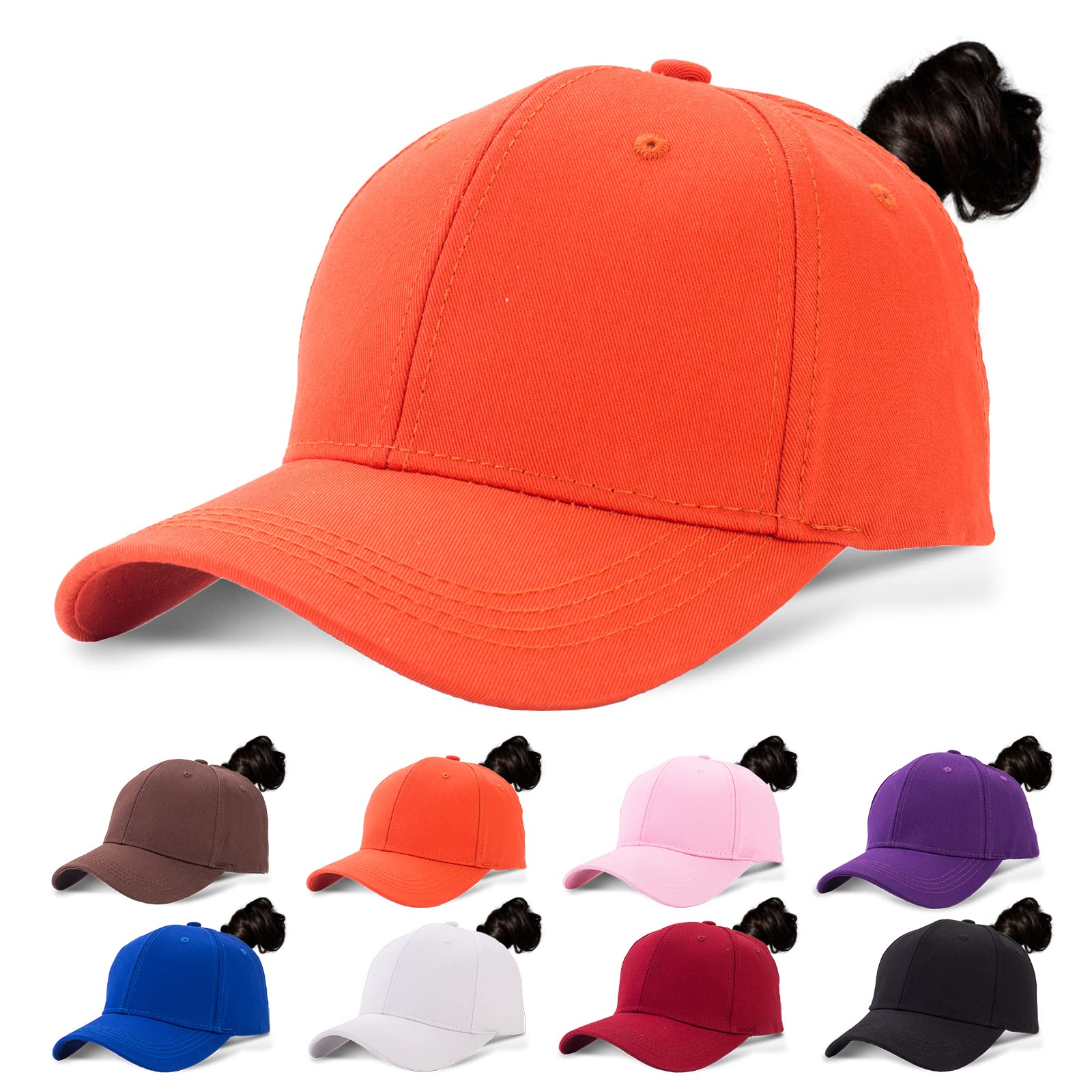 FCHUI Womens Ponytail Baseball Cap Quick Drying High Messy Bun Ponycap Trucker Hats Outdoor Sports Hat with Ponytail Hole Adjustable Travel Summer Hat (Orange)