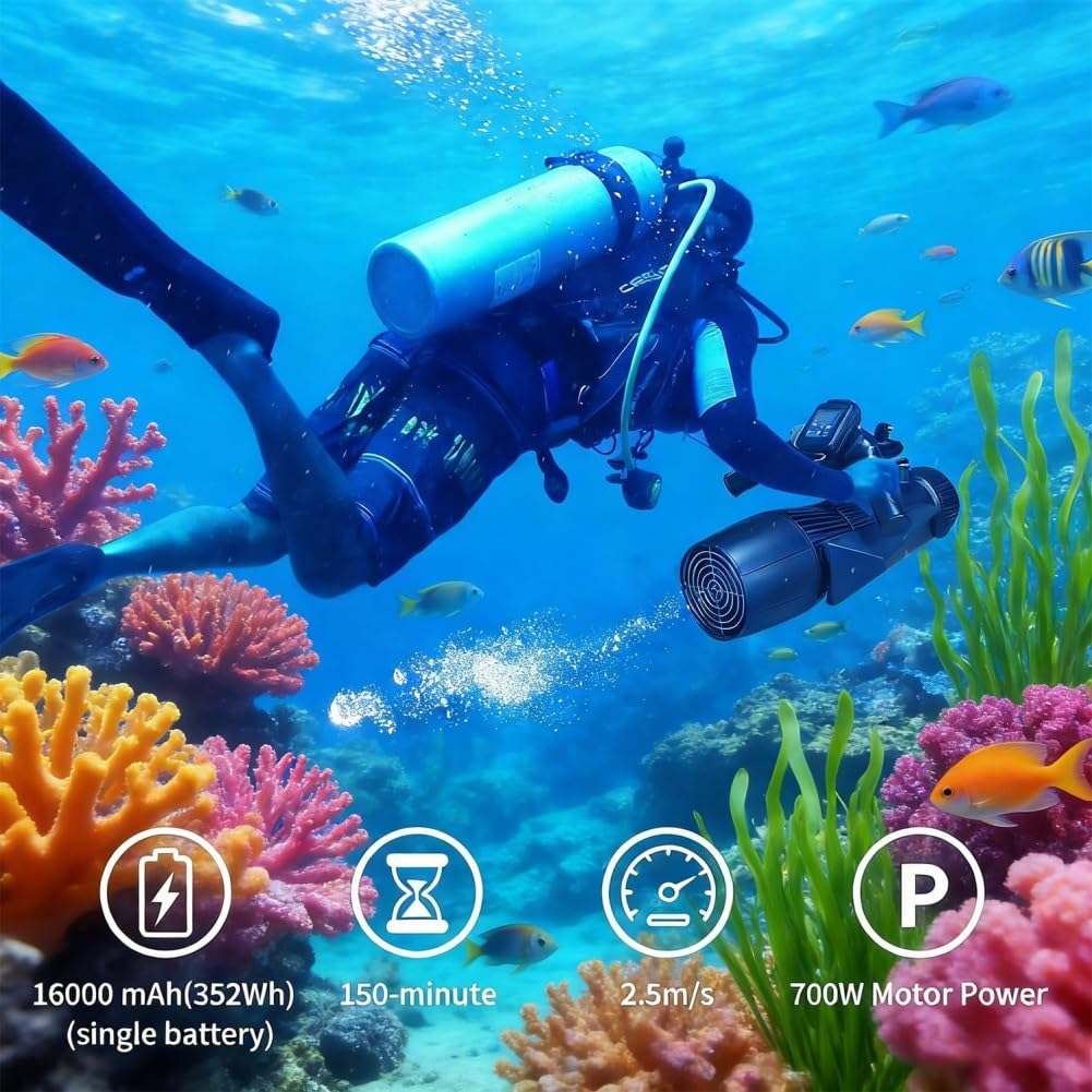 Scooter submarino 700W para adultos, scooter marino profundidad 30 metros para piscina y mar, mango desmontable, autonomía 160 minutos, velocidad ajustable, dispositivo de propulsión para