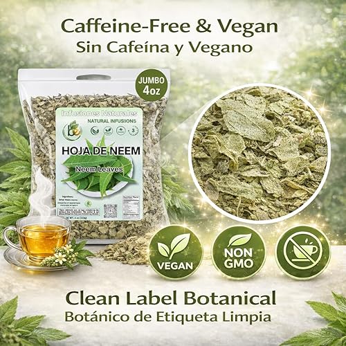 Miniatura 6 de Té de hierbas de hojas de neem (Hoja) – 4 oz (113 g) – Hoja suelta cosechada silvestre y secada a la sombra – 100% natural, vegano, sin OMG, sin