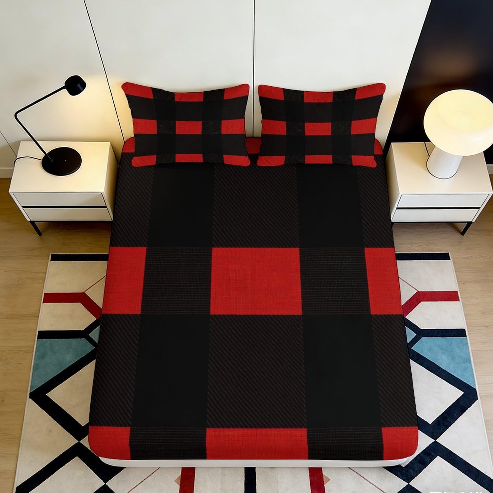 3D Printed Red Black Plaid Fitted Sheet Microfiber Soft Breathable Check Mattress Cover for Bedroom Dorm Room Decor 120x200x25cm