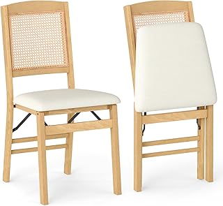 Giantex Folding Dining Chairs Set of 2, Rubber Wood Kitchen Chair w/Linen Padded Seat & Rattan Backrest, Upholstered Indoor Side Chairs for Dining Room, Study, No Assembly, Natural