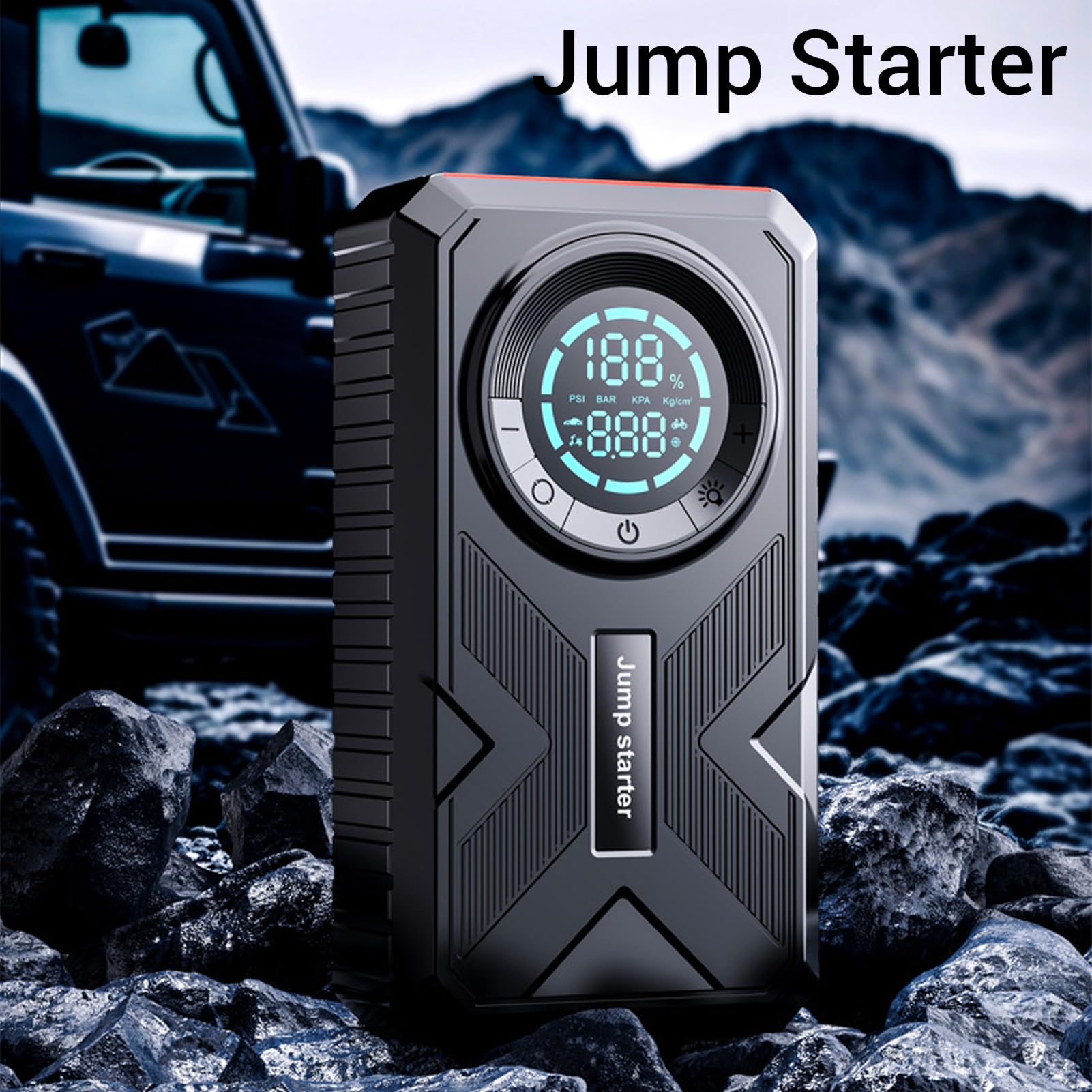 Jectse Arrancador de Coche, 2000 A con Batería de 18000 MAh, Compresor de Aire de 150 PSI, Batería Externa, Linterna LED, para Arranque de Emergencia de Vehículos de 12 V, Camiones,
