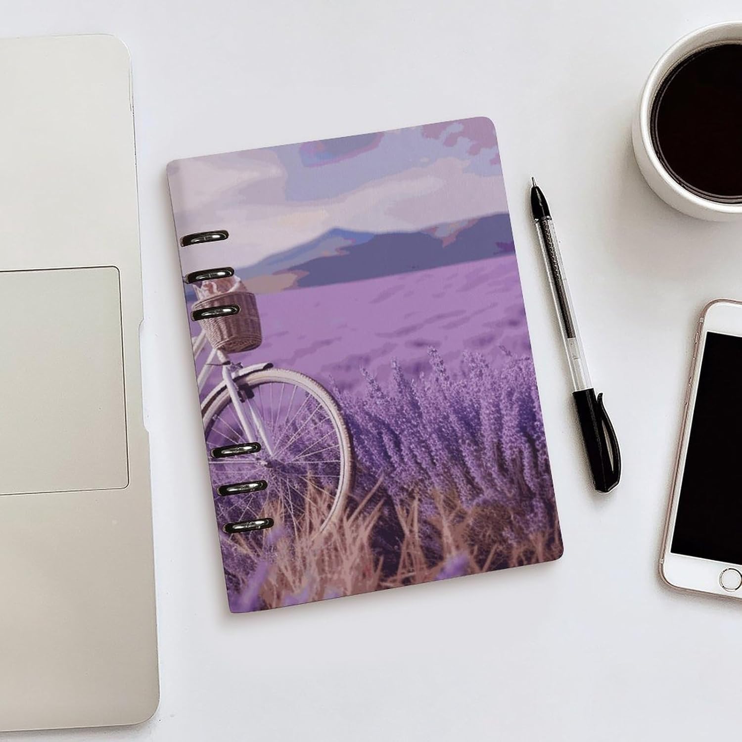 BWQMNT Refillable Spiral Journal Notebook Lavender Field Bike PU Leather Notebook College Ruled 90 Sheets for Work Note Taking