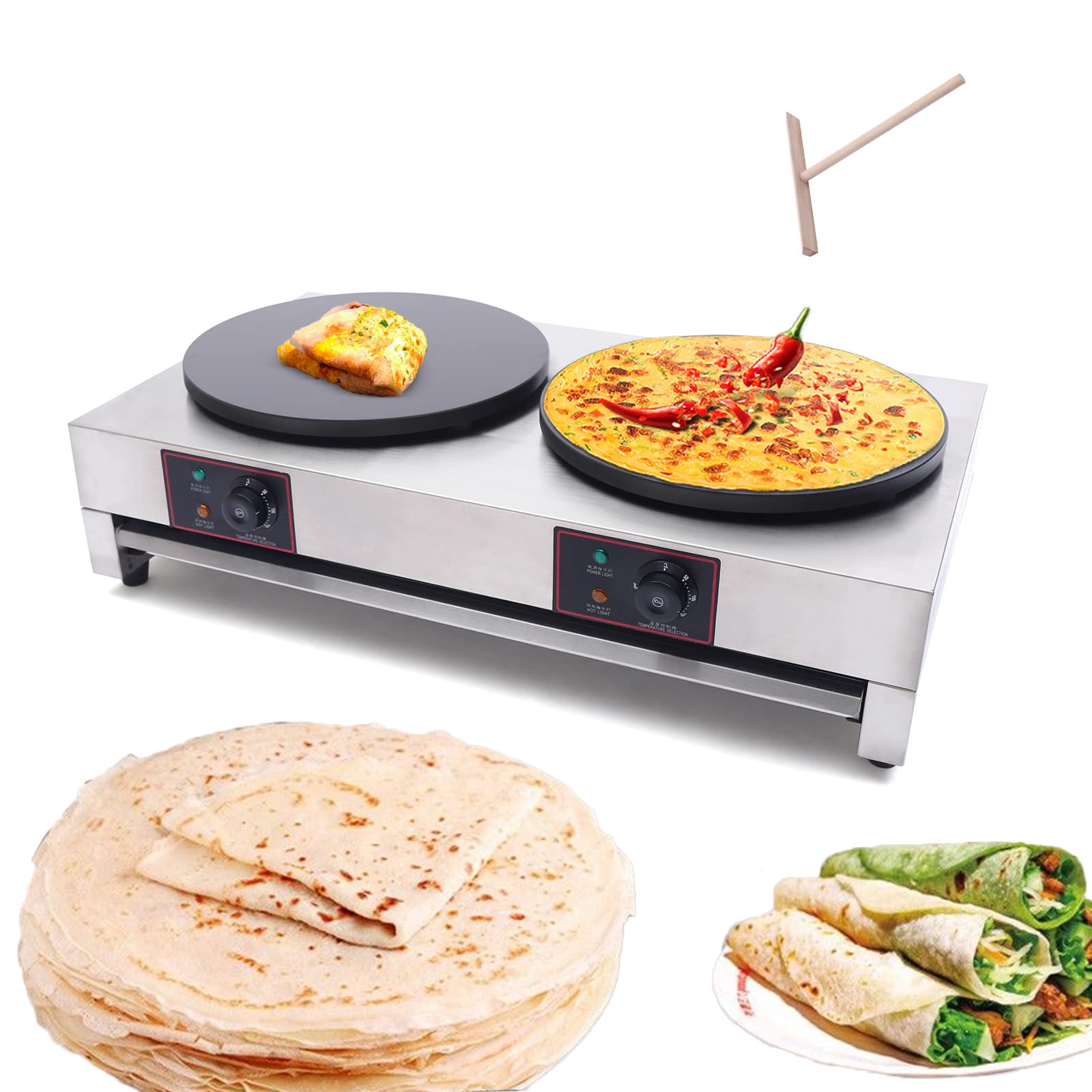 16 Inch Commercial Duable Crepe Maker Electric Griddle with Large Drawer, Precise Temperature Control Skillet Non-stick Pancake Maker for Pancakes, Eggs, Bacon, Tortillas, Includes Batter Spreader