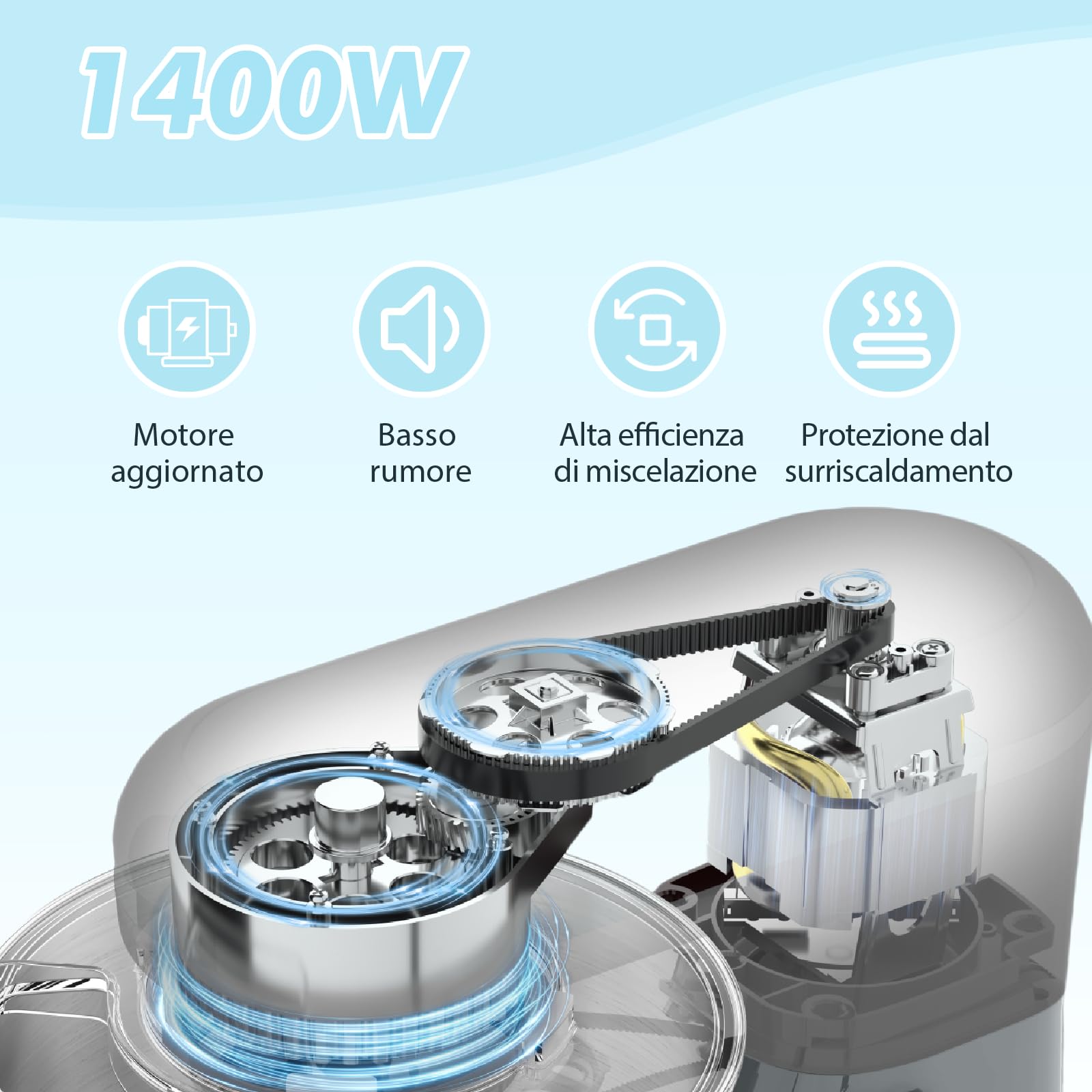 Kitchen in the box Impastatrice Planetaria, 6,2 Litri Impastatrice Professionale 1400W, 6 Velocità con Uncino Impastatore, Mescolatore e Frusta Sbattitrice (Grigio)