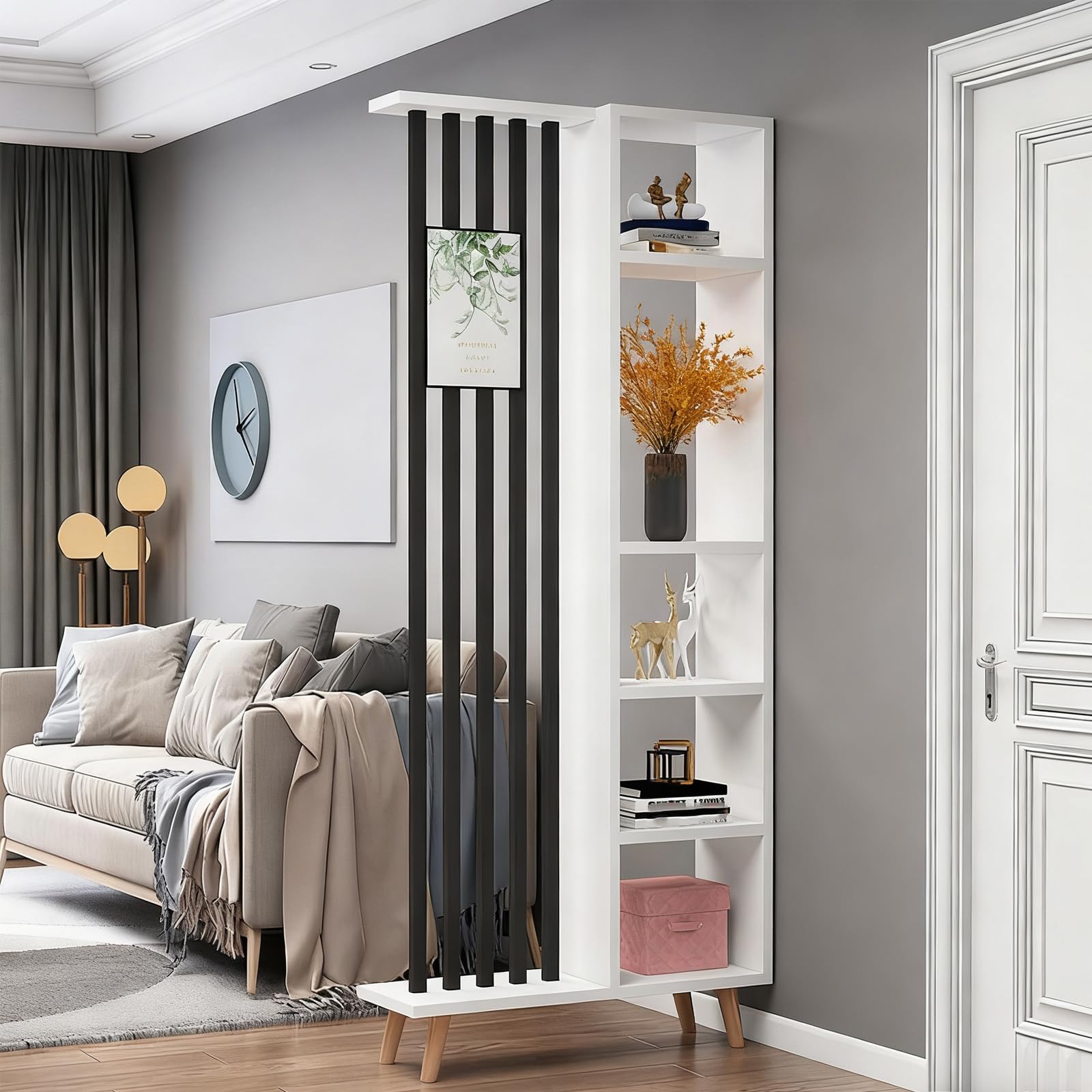 Divisorio per ambienti in legno da ingresso con gambe in legno di faggio | Libreria Moderna da Interno per Esposizione e Contenimento, Divisorio per Ambienti Versatile(Black+White,80cm/31.5in)