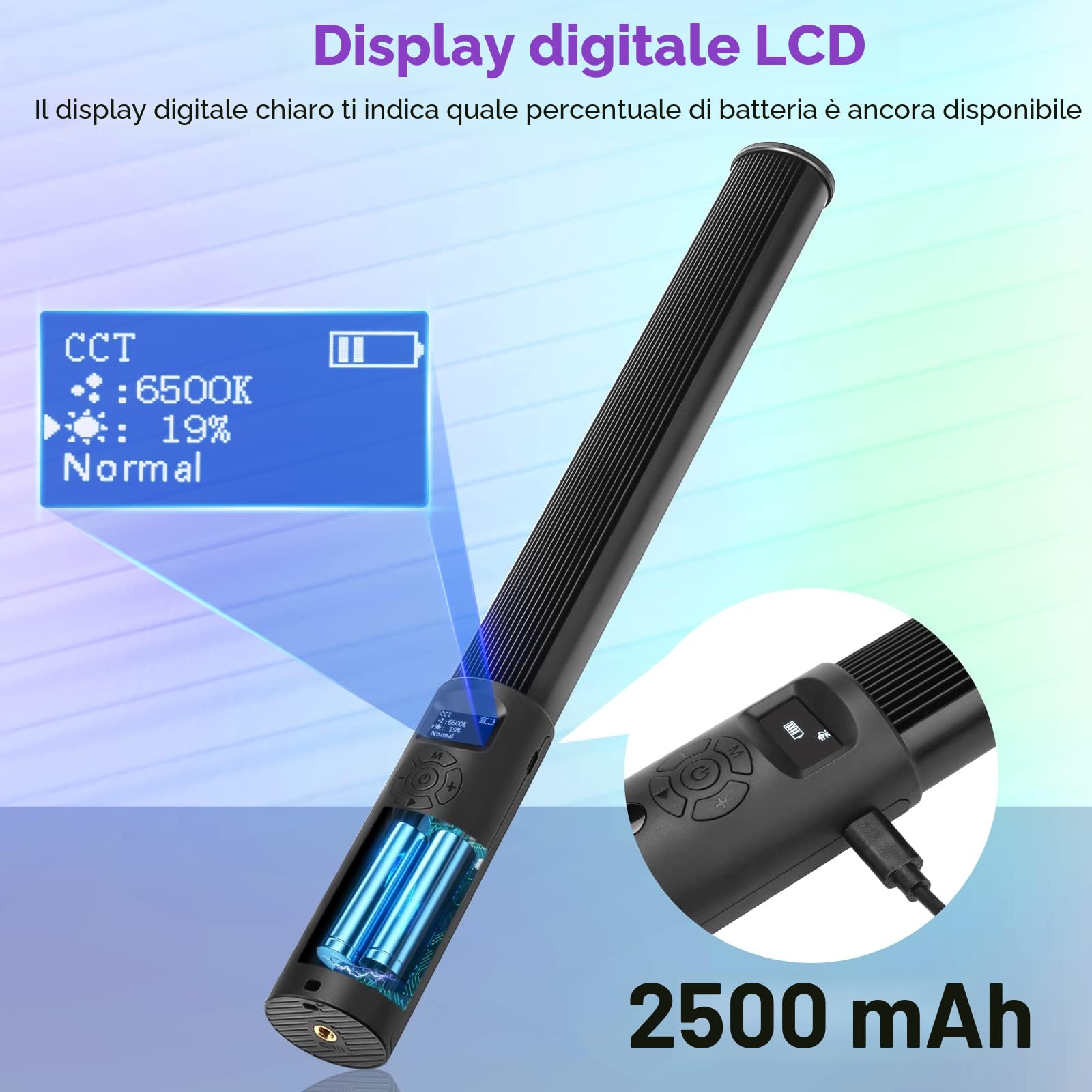 1 lampada video LED RGB per fotografia, luce a colori 2500 K-6500 K CRI95+, luminosità regolabile da 0 a 100%, con display LCD, treppiede da 0,75 m a 2,08 m e telecomando