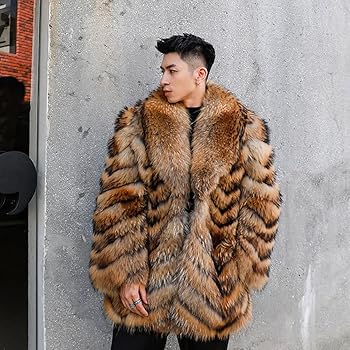 Denny&Dora Men's Brown Raccoon Fur Trench Coat Mid-Length Style