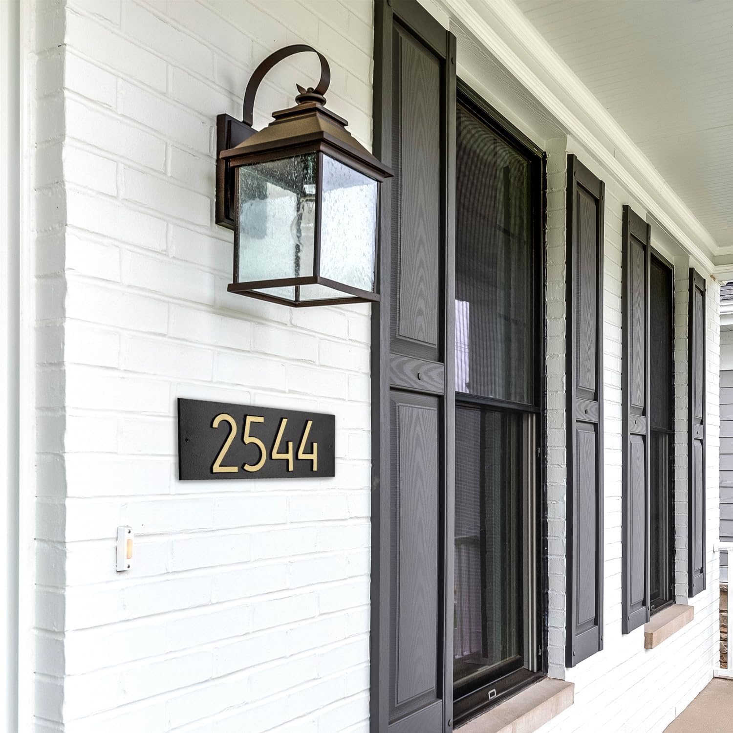 Whitehall Personalized Cast Aluminum Address Plaque, Custom Modern Horizontal House Number Sign, 14.5 x 5.5 inch Rectangle, Black with Goldtone Numbers