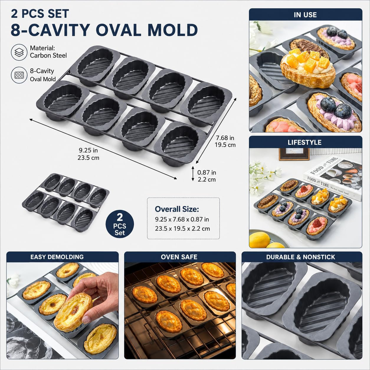 Paquete De 2 Sartenes Ovaladas Para Tarta De 8 Cavidades, Antiadherentes | Paquete de 2 / 8 Cavidades / Sartenes de Tarta Ovaladas / Antiadherentes / Acero al Carbono / Moldes para Hornear