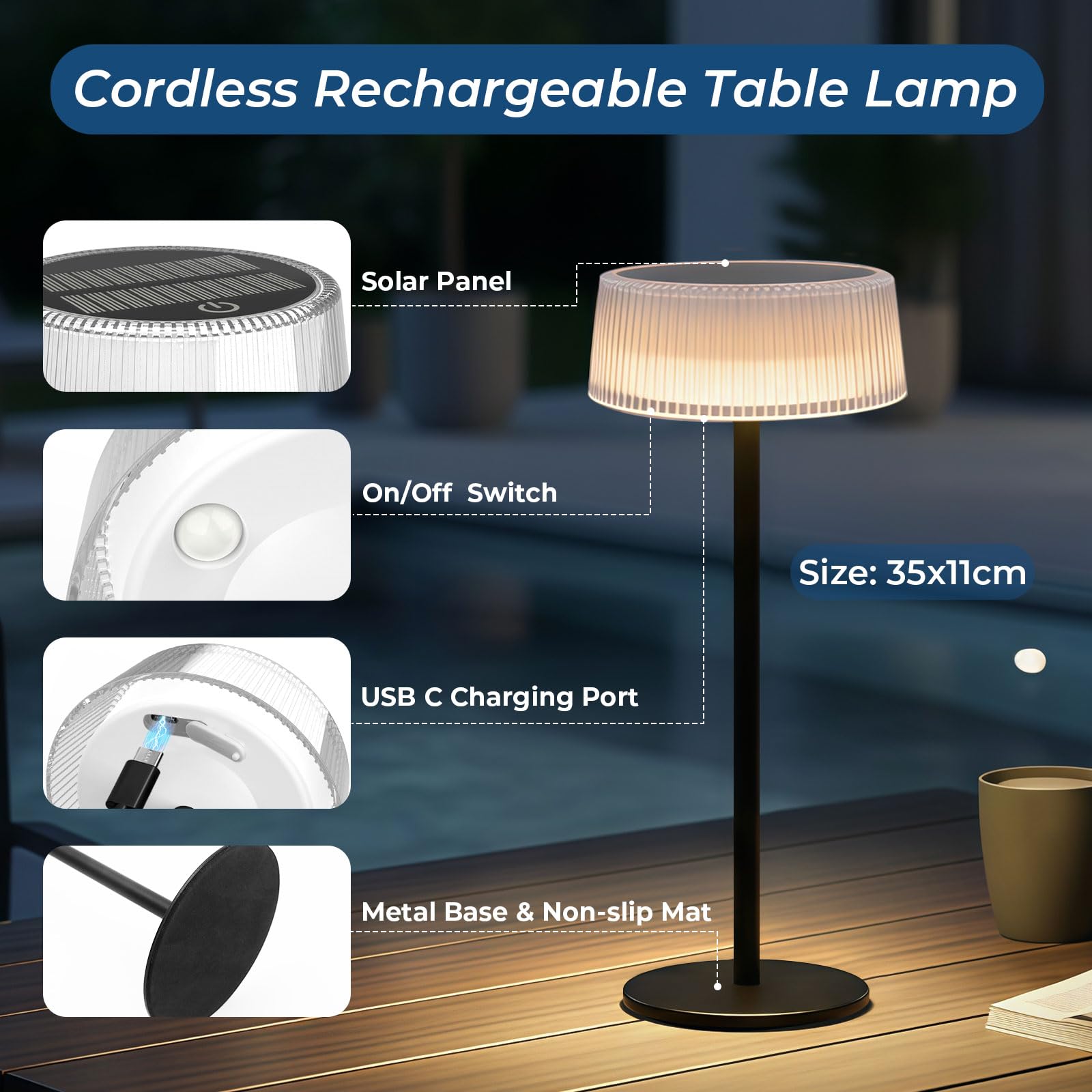 Lot de 2 Lampe de Table Sans Fil, Lampe de Table Extérieure Etanche, Lampe de Bureau LED Tactile avec 3 Couleurs d’Éclairage et Gradation Continue, pour Intérieur et Extérieur