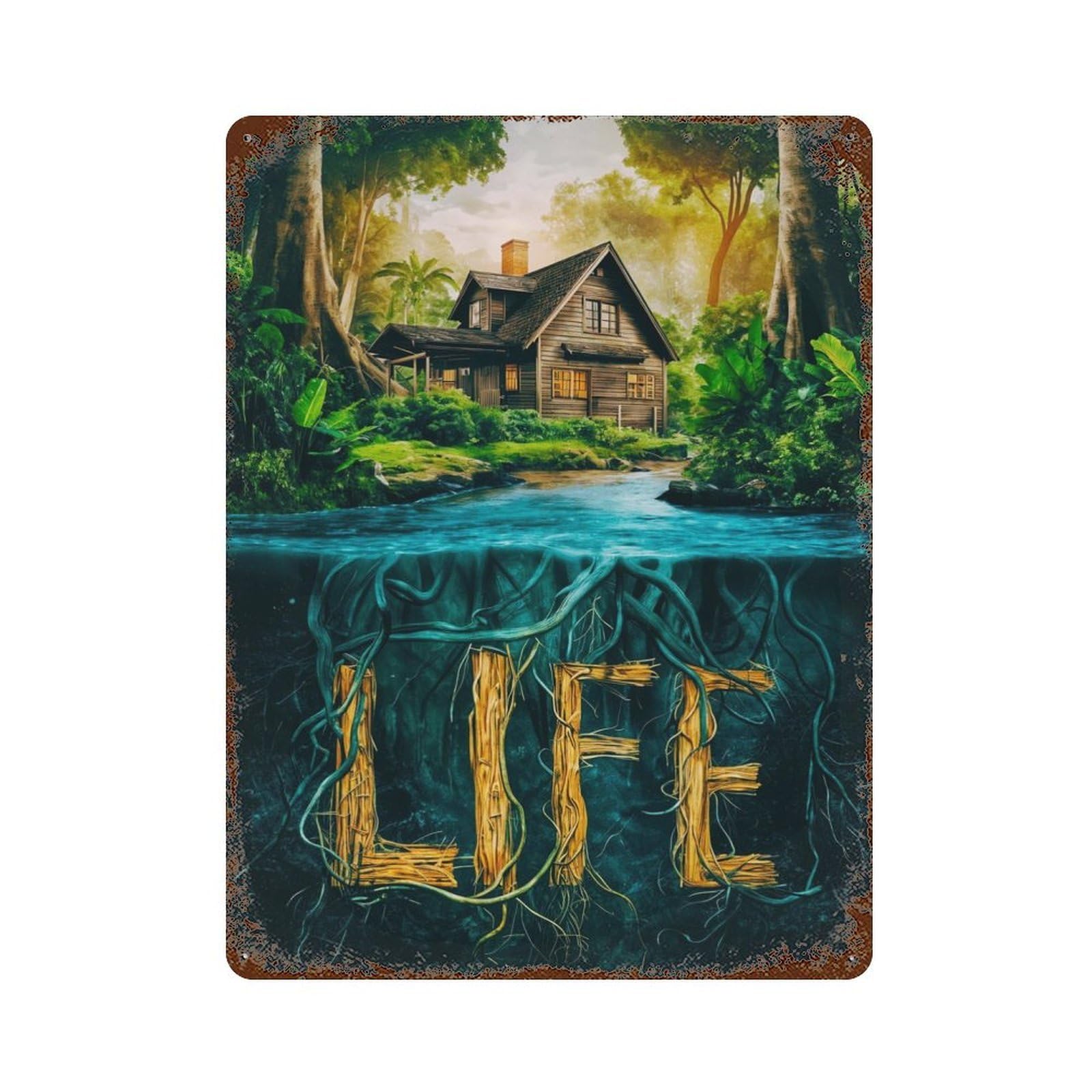 Distressed Metal Wall Sign with Tree Is Life Design 15.7"x11.8", for Living Room, Hallway And Home Decor, Vintage Wall Decor
