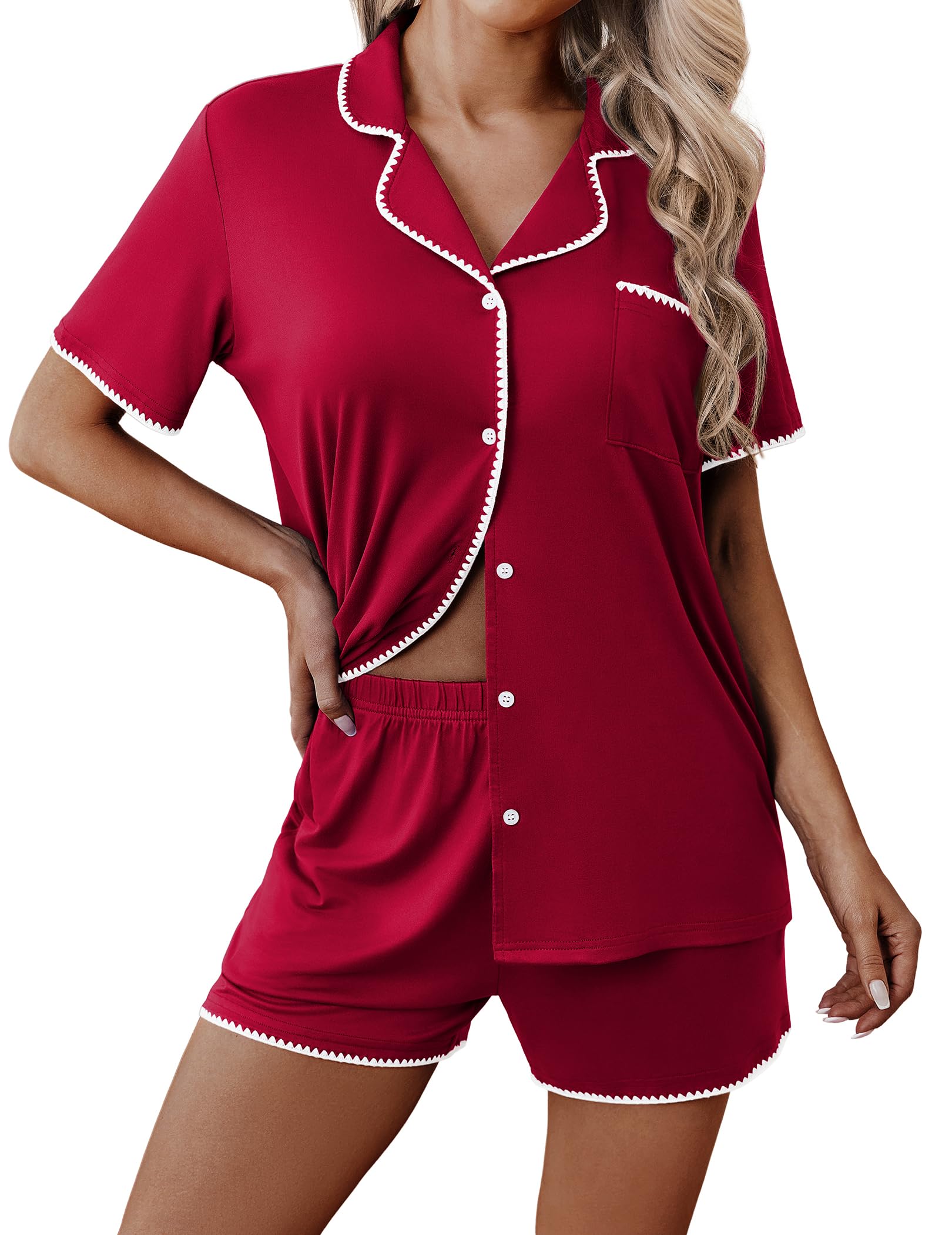 Ekouaer Pajamas for Women Set 2 Piece Soft Button Down Top and Shorts | Short Sleeve PJs with Cute Scalloped Trim, Soft Lightweight Lounge Sets, Ideal for Sleep, Travel &amp; Vacation