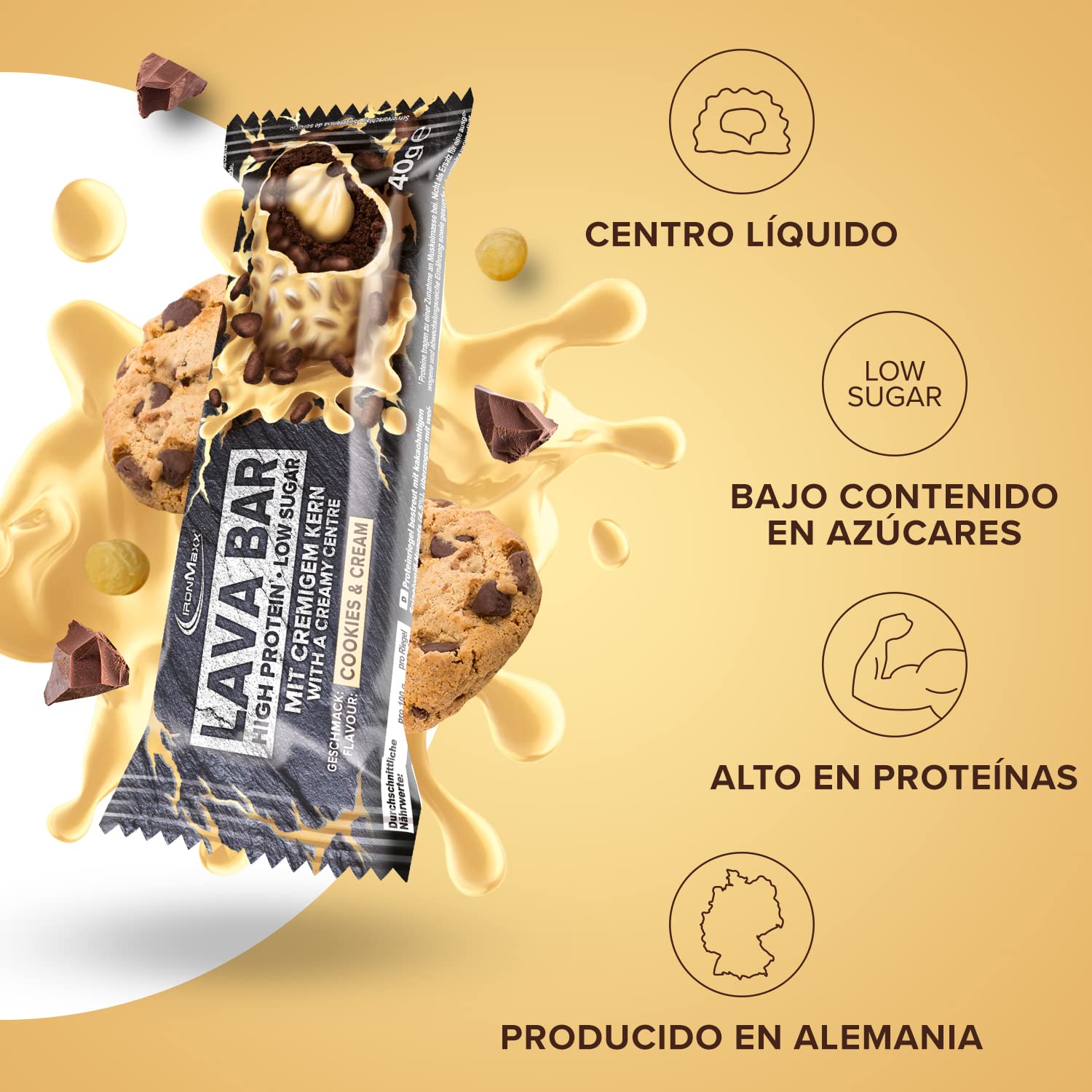IronMaxx Lava Protein Bar - Cookies and Cream - 18x40g | Barrita alta en proteínas con núcleo cremoso y cobertura de cacahuete y caramelo | Baja en azúcar y sin aceite de palma