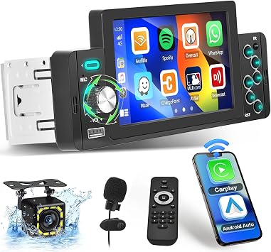 Hikity 5 Inch Single Din Car Stereo Carplay Wireless Android Auto,1DIN Touchscreen Car Radio with Mirror Link, FM, Bluetooth Car Audio Receiver with SWC, Type-C/USB, Backup Cam+MIC