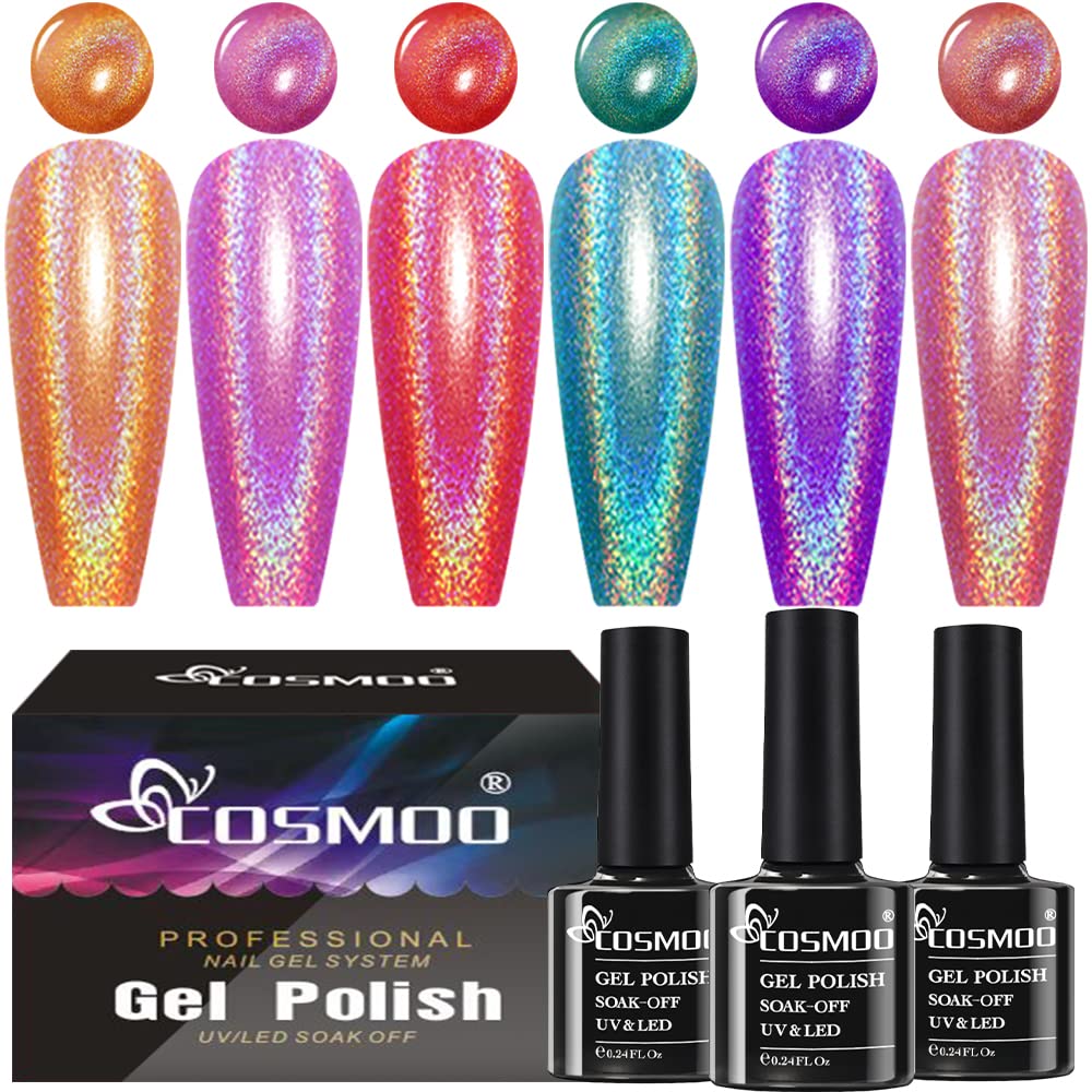 COSMOO Holographic Nail Polish Holo Gel Nail Rainbow Glitter Iridescent Inspire Gel Effect -6PCS