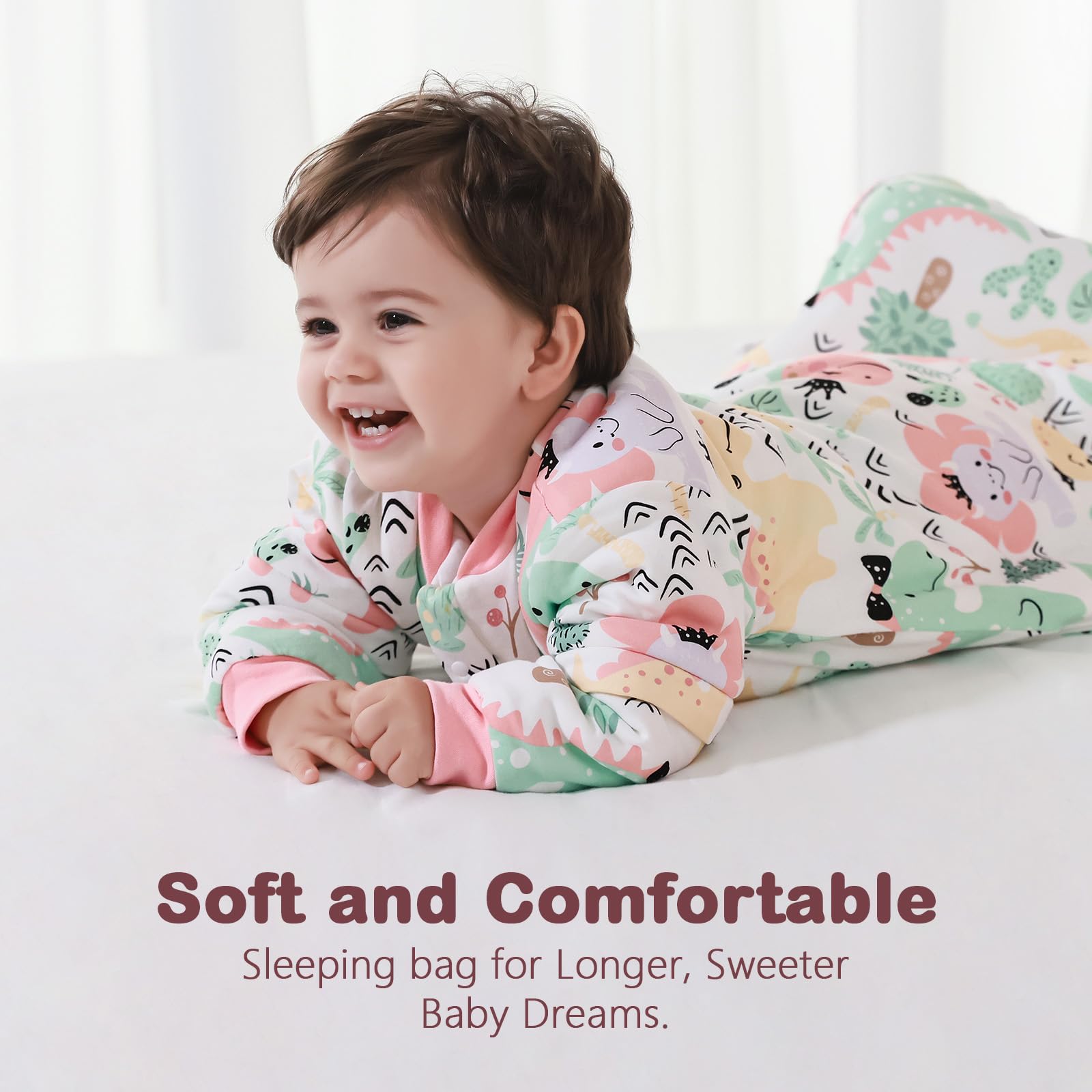 MIKAFEN Sacco nanna invernale per bambini 3,5 tog con maniche rimovibili, 100% cotone sacco a pelo con braccia,Regina dei dinosauri 6-14 mesi