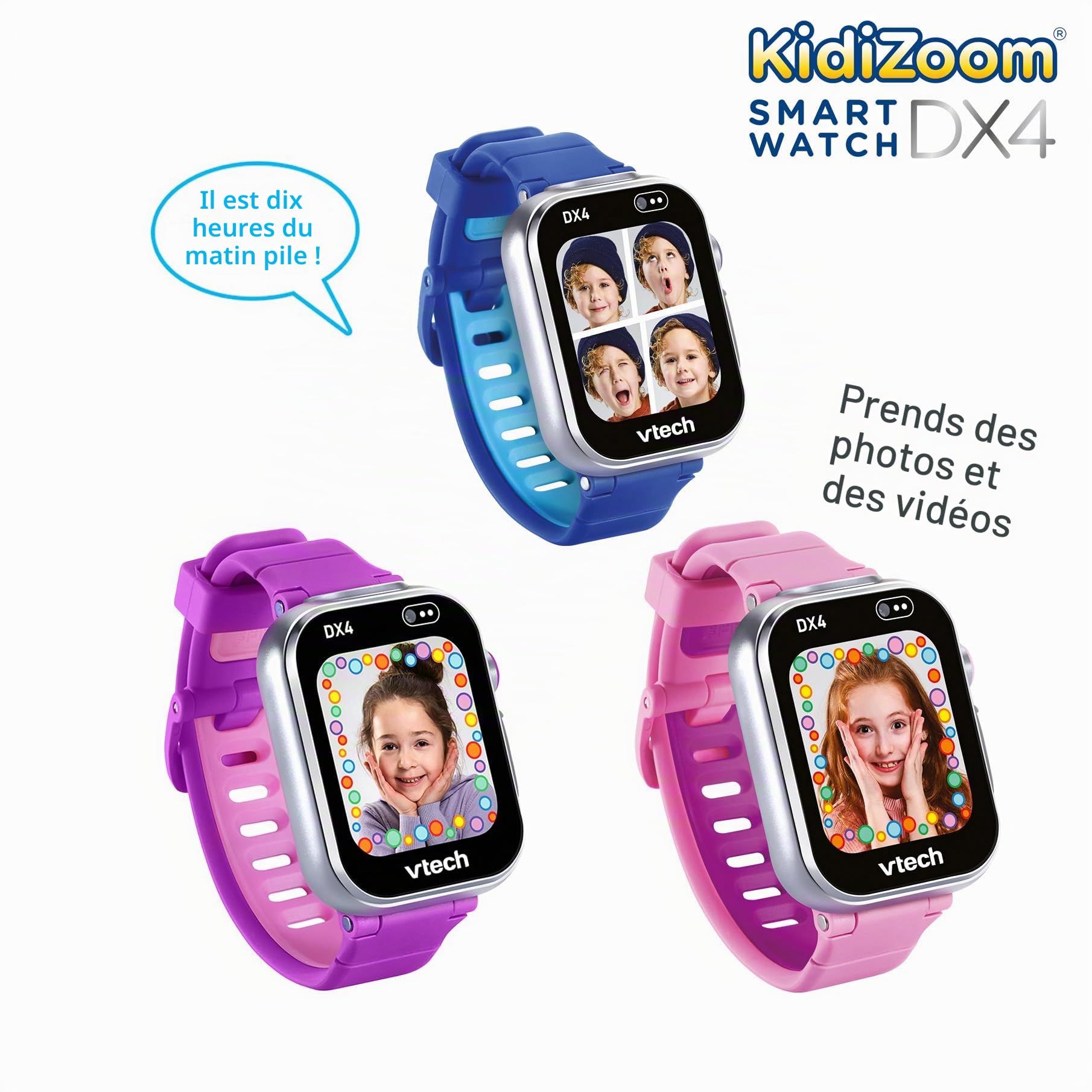 VTech KidiZoom DX4 Smartwatch Bleu Double Appareil Photo pour Photos et Selfies, Jeux, podomètre, écran Vertical Couleur, Lecteur de Musique, Version ESP