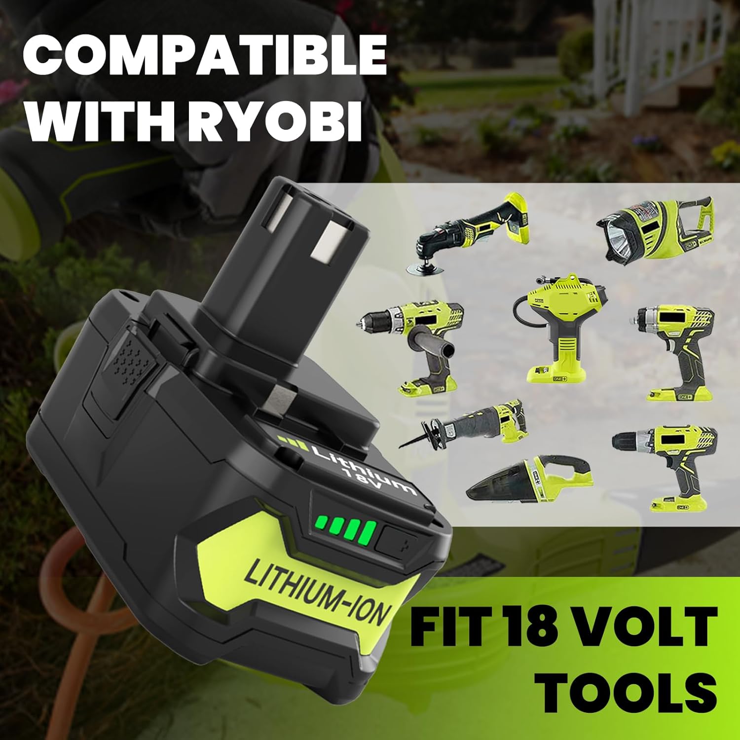 2 Pack Upgrade 8000mAh High Capacity P108 Replacement for Ryobi 18V Battery Lithium ion Compatible with Ryobi 18 Volt Battery P102 P103 P104 P105 P107 P108 P109 P122 Cordless Tool Batteries (Green) - Image 6