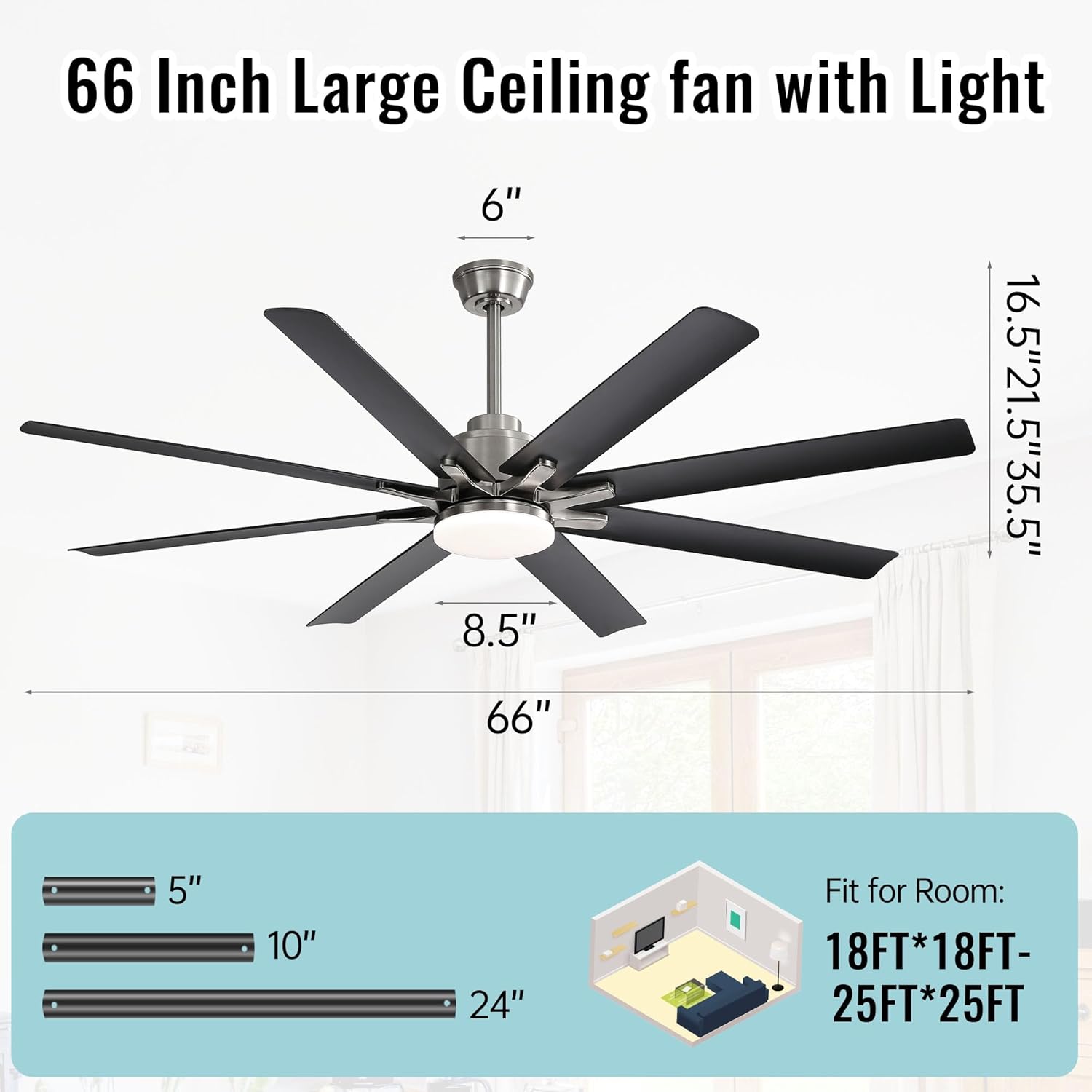 Sofucor 66 Inch Ceiling Fans with Lights, Smart Indoor Outdoor Ceiling Fan with Remote, Work with Alexa/Google, Low Profile Ceiling Fan with Light, Black Large Ceiling Fans Light for Patio, Farmhouse