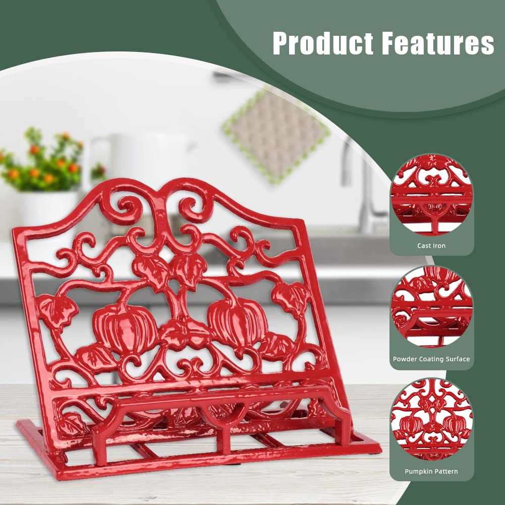 MINLUFUL Vintage Cookbook Stand, Robust Wrought Cast Iron Recipe Book Holder for Kitchen Counter, Large Metal Cook Book Stand with Pumpkin Design, Red