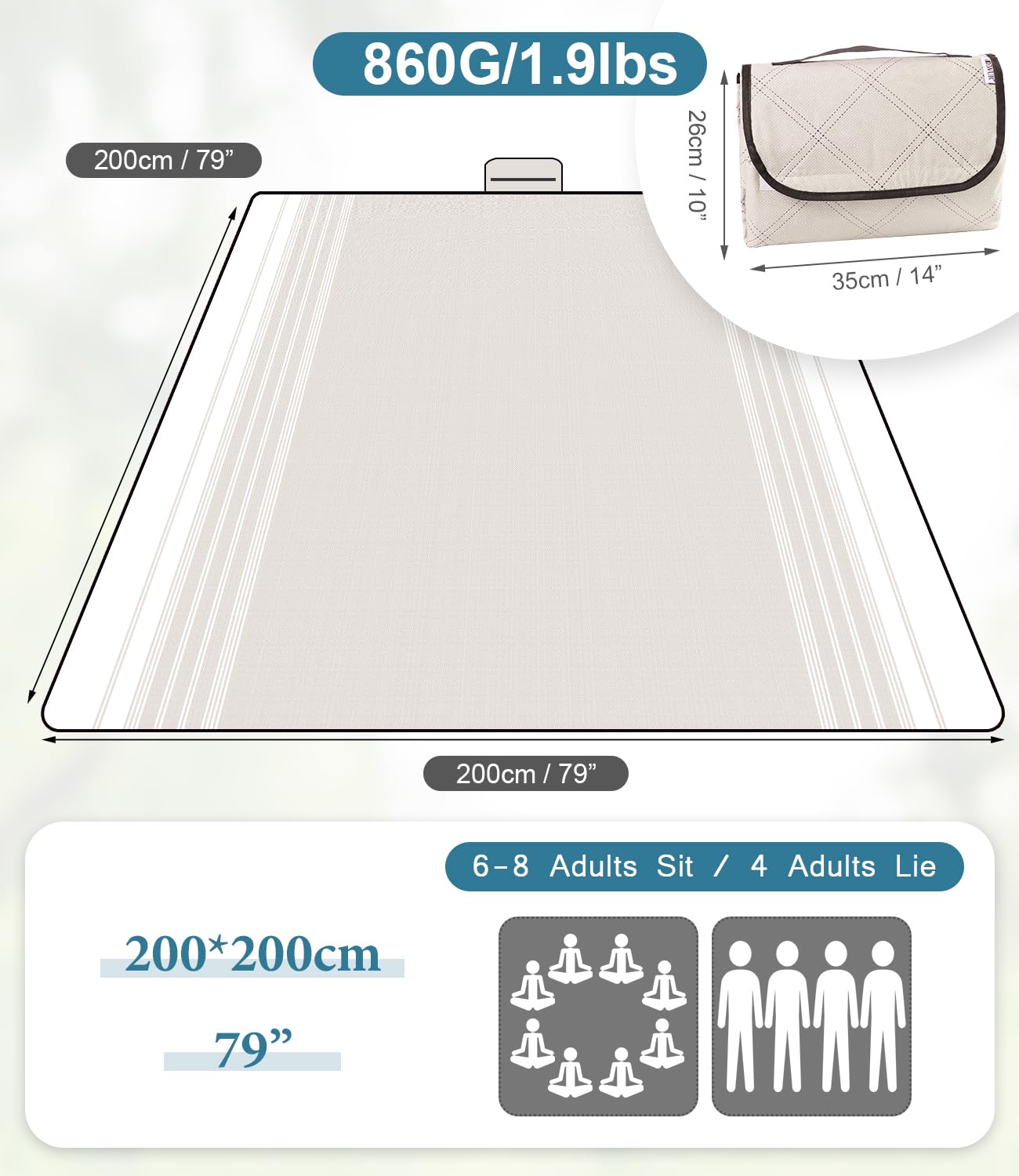 DEWUR Couverture de pique-nique, imperméable, lavable, couverture de plage, anti-sable, XXL, couverture de camping, tapis de plage, isolée avec fond imperméable (kaki, 200 x 200 cm)