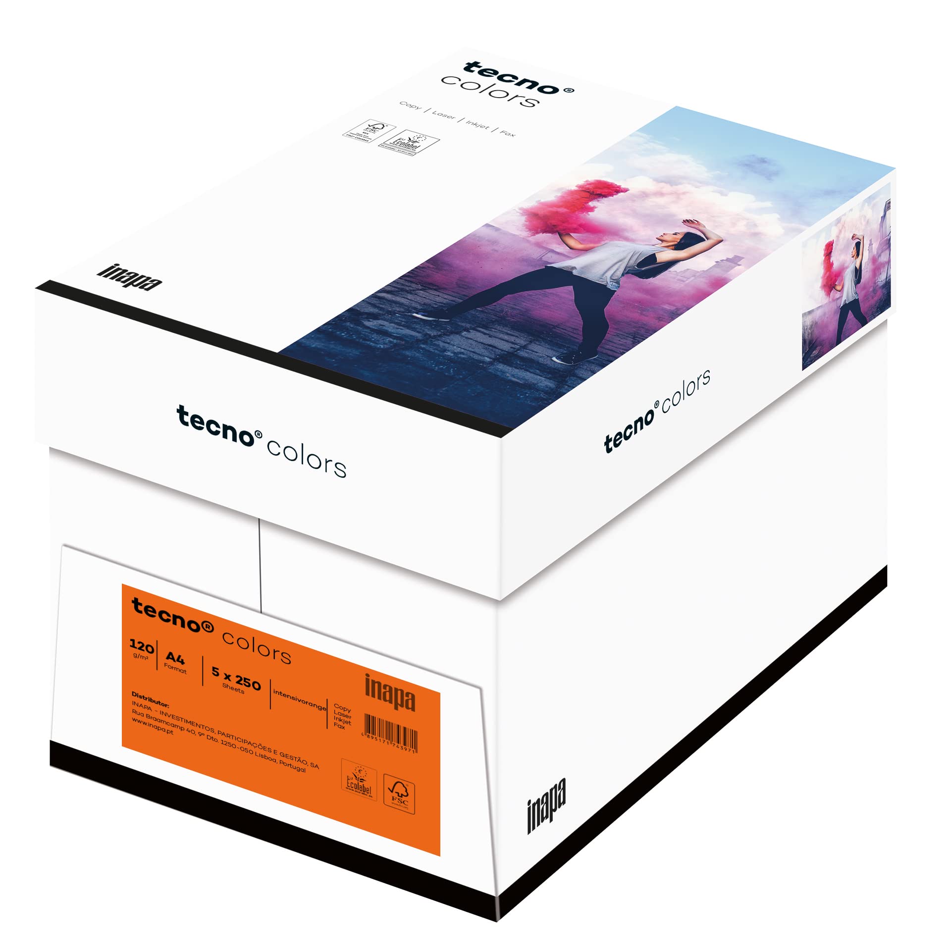 inapa farbiges Druckerpapier, buntes Papier tecno Colors: 120 g/m², A4, 1.250 Blatt (5x250), intensivorange