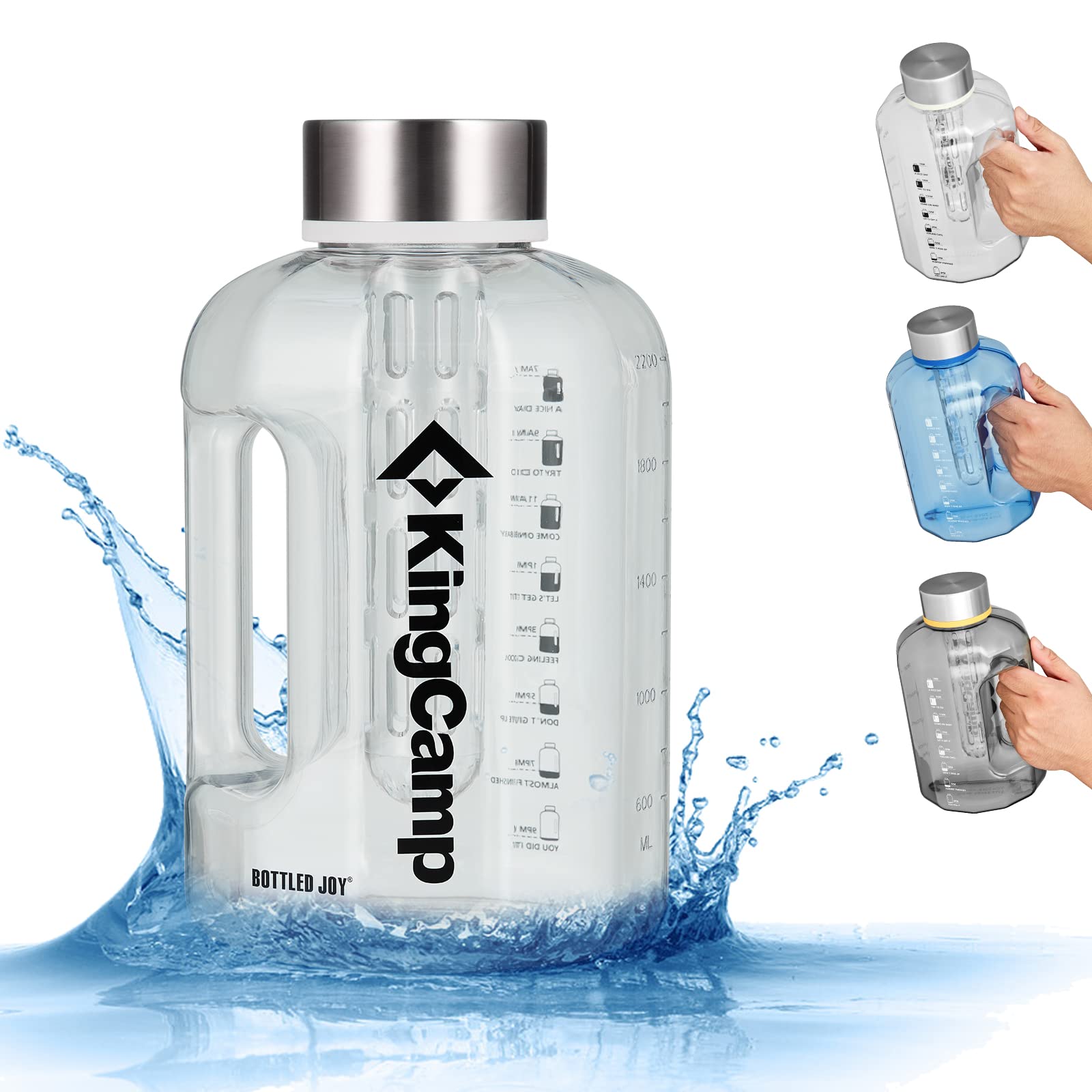 KingCamp 2.2L Water Bottle with Times to Drink BPA Free Wide Mouth Gym Water Bottle with Fruit Infuser and Cleaning Brush for Sports Camping Outdoor Office Hiking White