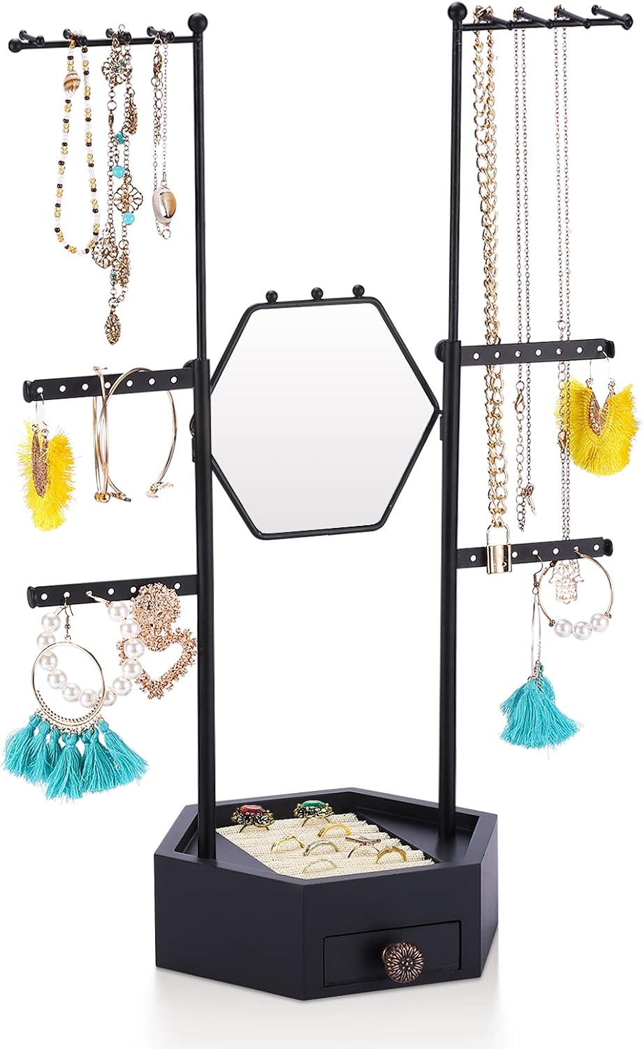 Urban Deco Jewelry Organizer Stand With Mirror 6-Tier Earring Holder Organizer With Wooden Hexagonal Ring Holder Tray & Drawer 2 Adjustable Height Bracelet Holder & Necklace Holder - Black