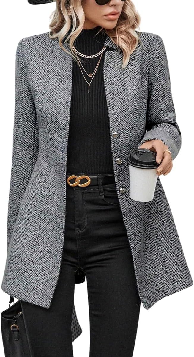 yoeasy Women's Stand Collar Single Breasted Pea Coat Casual Wool Blend Mid Long Trench Coat Winter Jackets