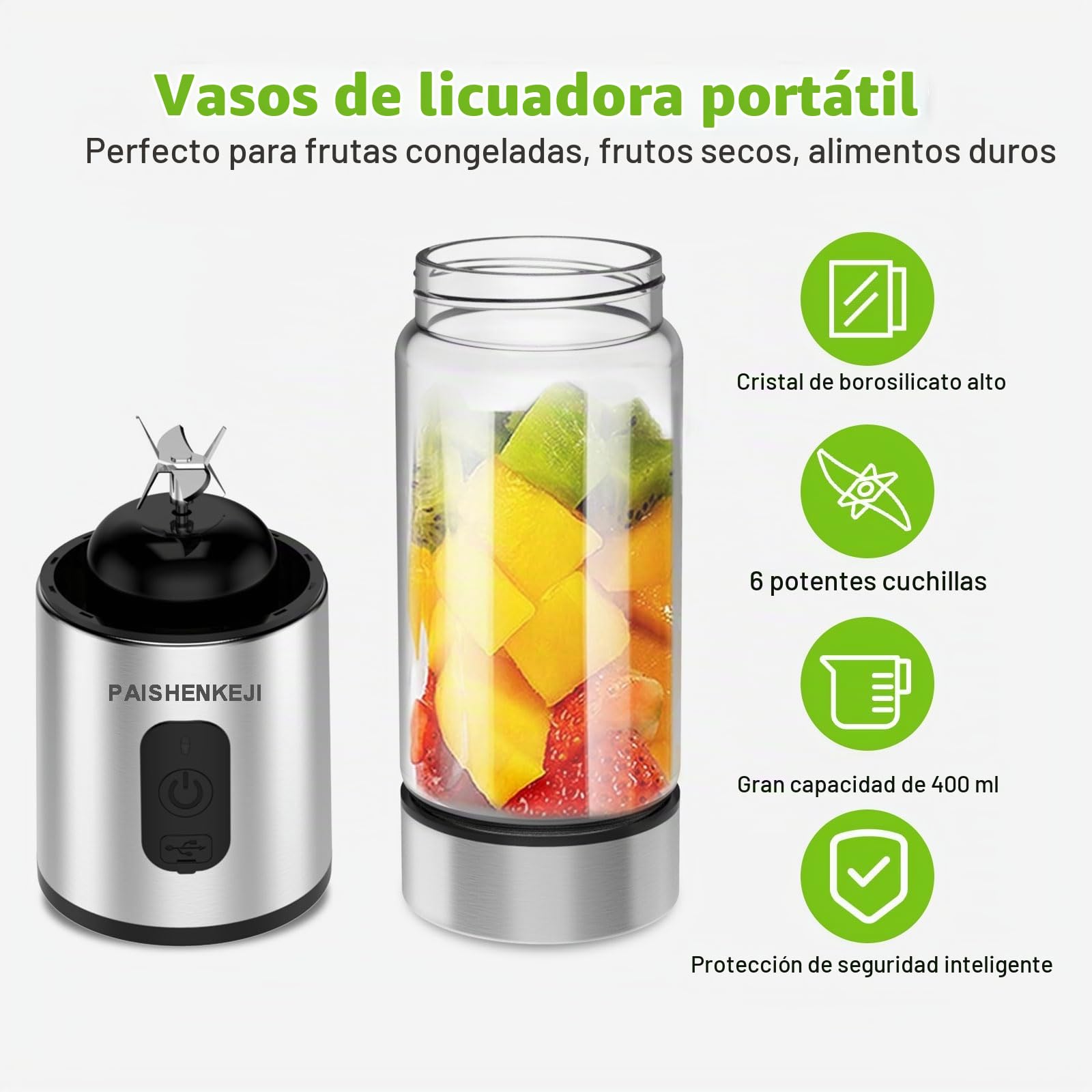 Batidora portátil de cristal para batidos y licuados: Batidora personal para triturar hielo y fruta congelada, mini exprimidor de 400 ml ideal para batidos, licuados y zumos, Smoothie Maker