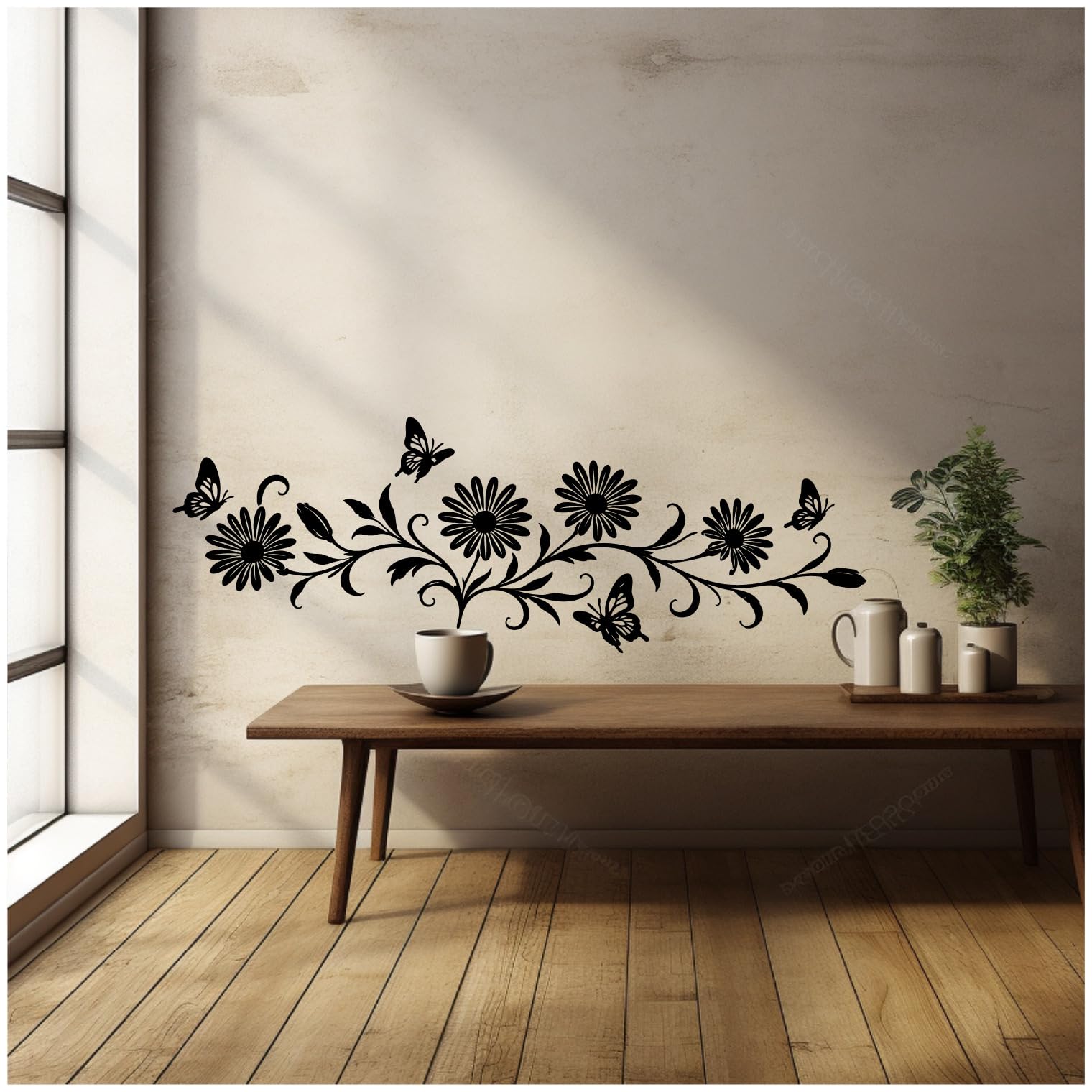 Samunshi® Wandtattoo Margeriten Blumenranke länglich mit Schmetterlingen Elegante Blumen Wanddekoration Florales Wandmotiv für Wohnzimmer, Schlafzimmer, Flur und Küche haselnuss braun 150 x 51cm