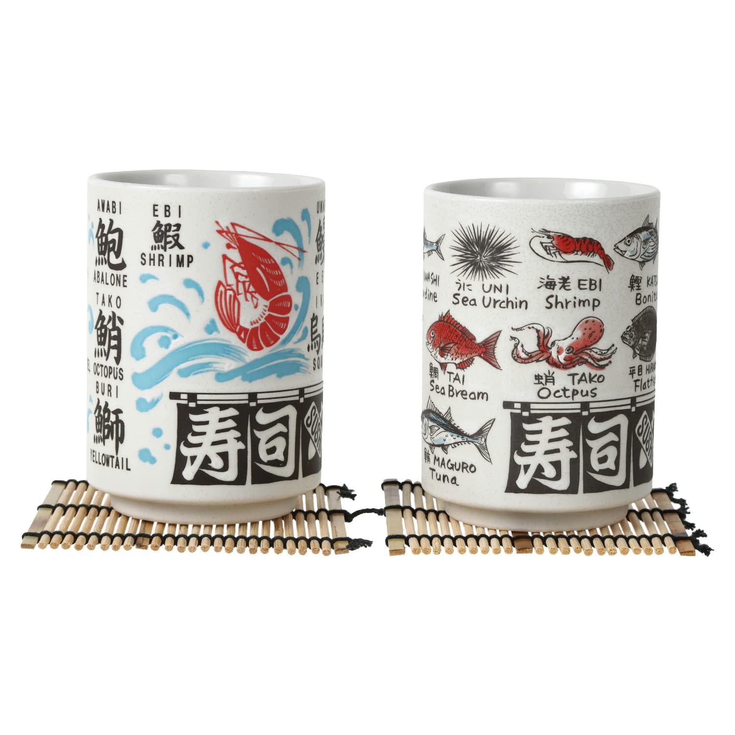 Amazon.com | [LOVE LOVE JAPAN] Japanese Tea Cup Sushi-Yunomi Mino Ware With  Bamboo Coaster (Set of 2) (Fish Kanji): Teacups