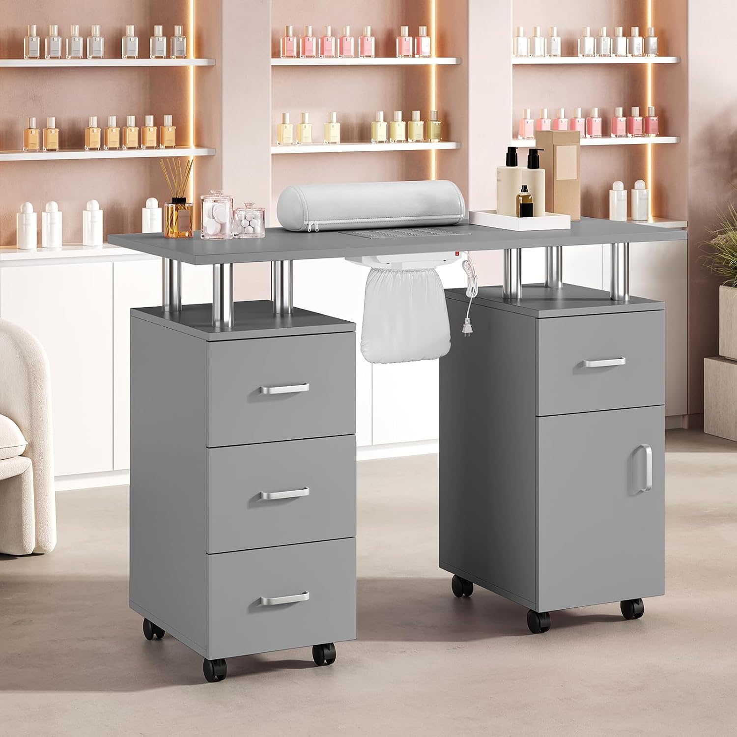 Manicure Table with Electric Dust Collector,42" Nail Table Beauty Salon Station with Lockable Wheels, Arm Rest,4 Storage Drawers,Acetone Resistant Top and Storage Cabinet