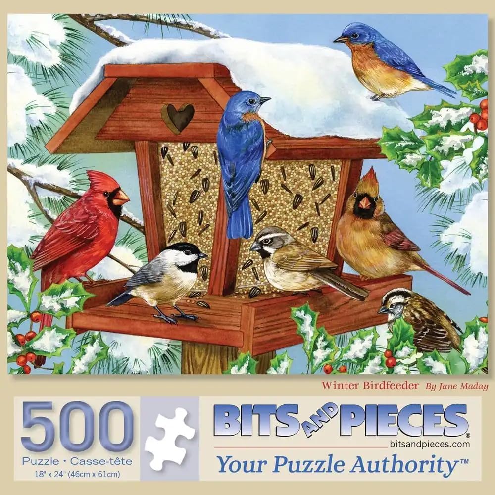 Bits and Pieces – 500 Piece Jigsaw Puzzle for Adults – Winter Birdfeeder - Bird Tree Snow Feeder Jigsaw Puzzle by Artist Greg Giordano, Completed Puzzle Size: 18" x 24"