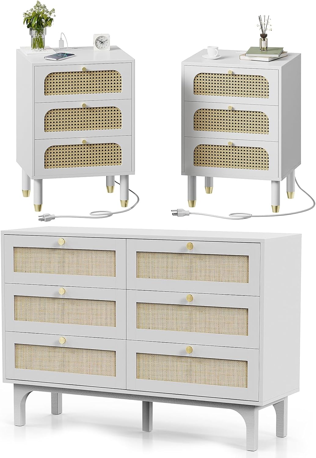 VINGLI Rattan Dresser and Nightstands Sets 3 Piece, White Nightstands with Charging Station Set of 2, 6 Drawer Double Dresser, Boho Mid Century Modern Bedroom Set 3 Pieces