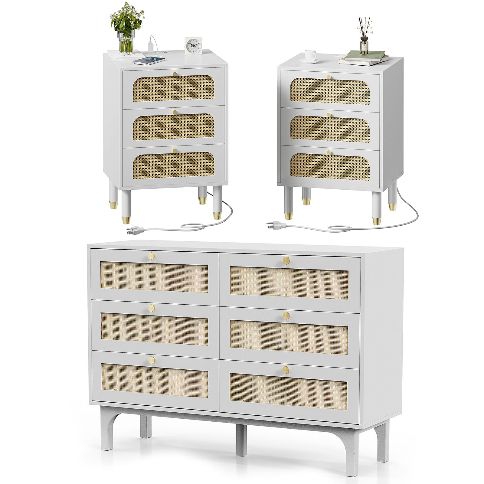 VINGLI Rattan Dresser and Nightstands Sets 3 Piece, White Nightstands with Charging Station Set of 2, 6 Drawer Double Dresser, Boho Mid Century Modern