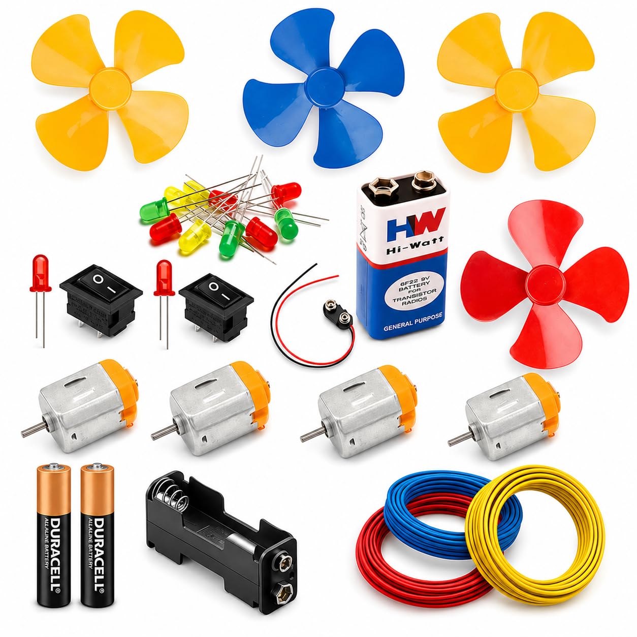 Dc Motor With Propeller/fan/ 9 v Battery/snap Connector +2 Aa Battery With Holder/3m Wire/10 Led/ 2 Mini Rocker Switch (Red, Green, Yellow)- Multicolor,Copper-image-2