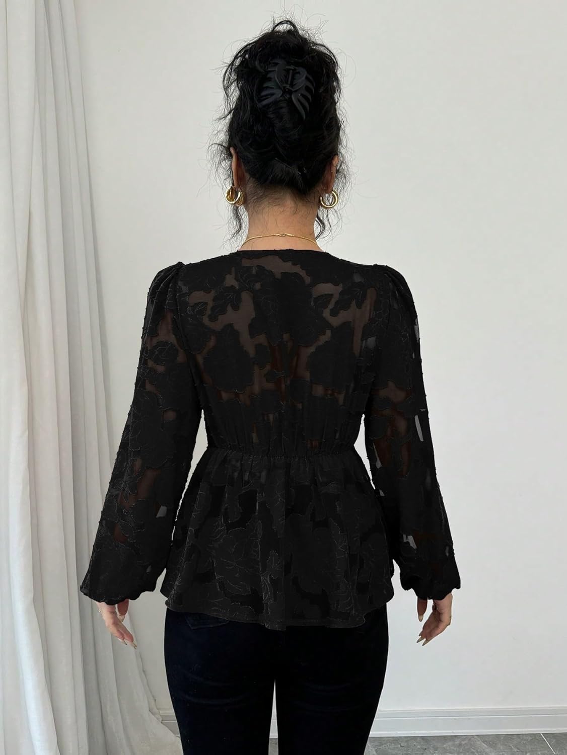 Floerns Women's Floral Lace Lantern Sleeve Blouse V Neck Flared Hem Belted Peplum Tops - Image 2
